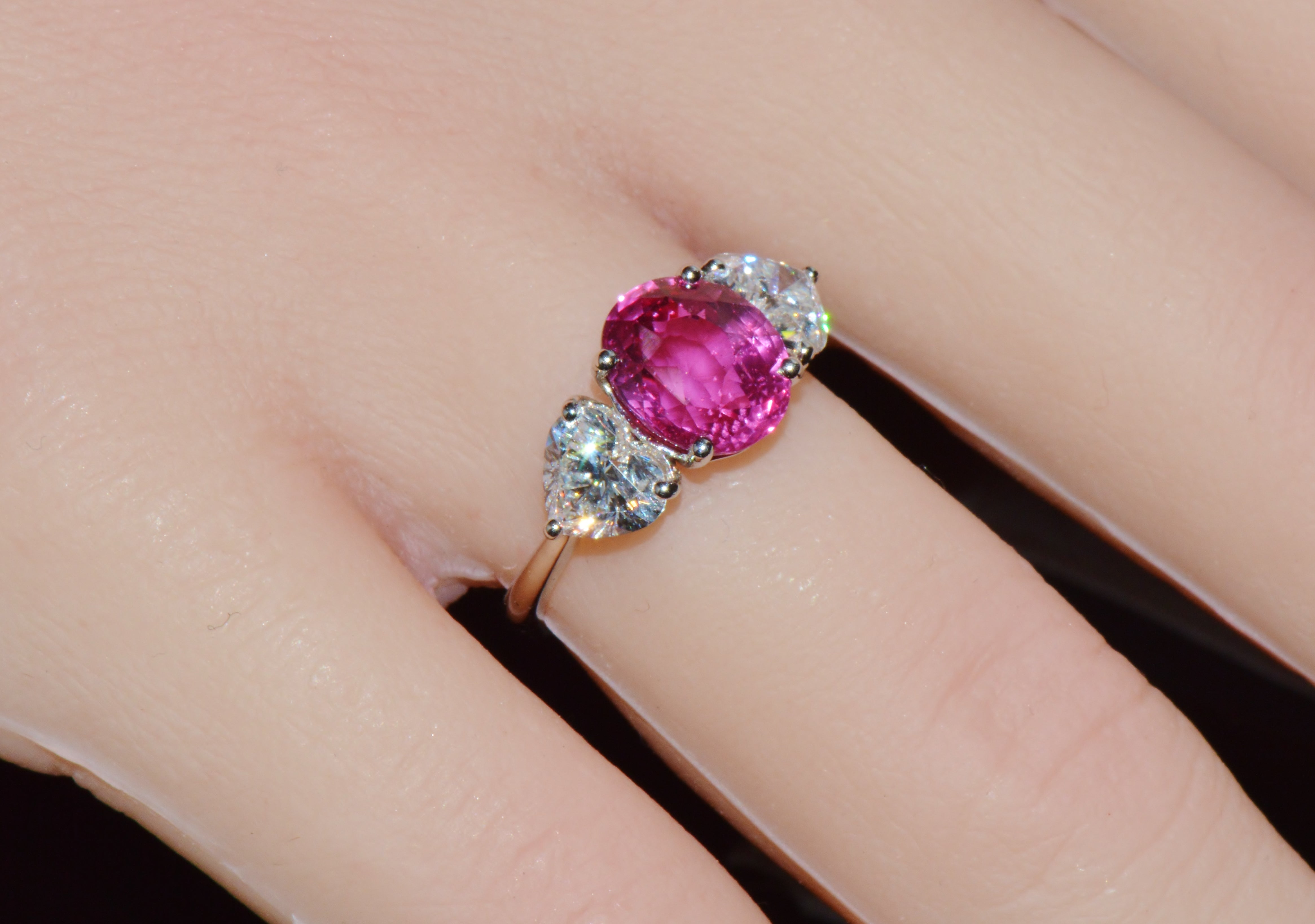 GIA 4.47Cts No-Heat Mozambique Ruby & D VVS2 Heart Diamond Platinum Three Stone Ring