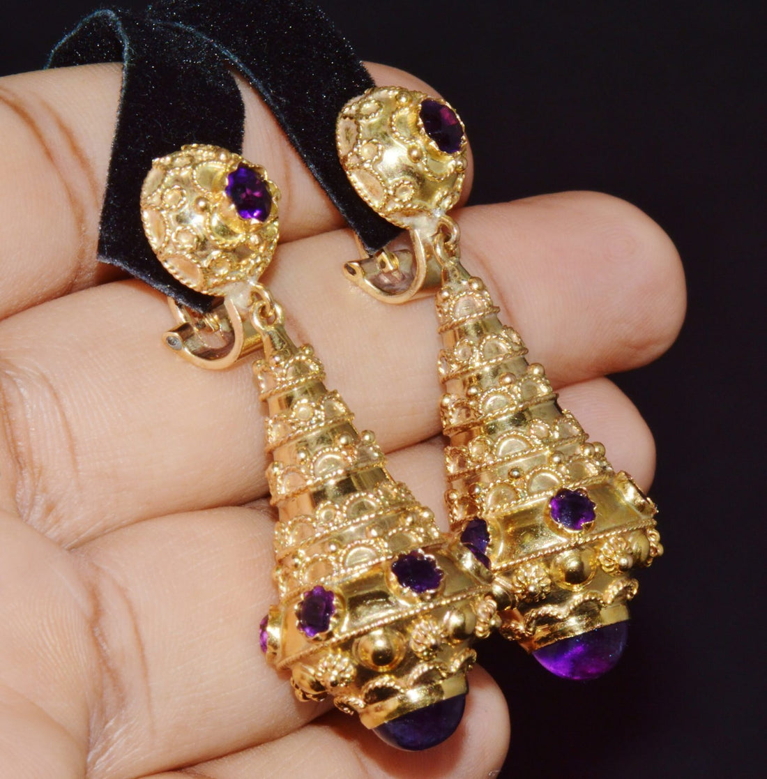 Gorgeous Italian Etruscan Revival 18K 750 Solid Gold Amethyst Dangle Chandelier Earrings