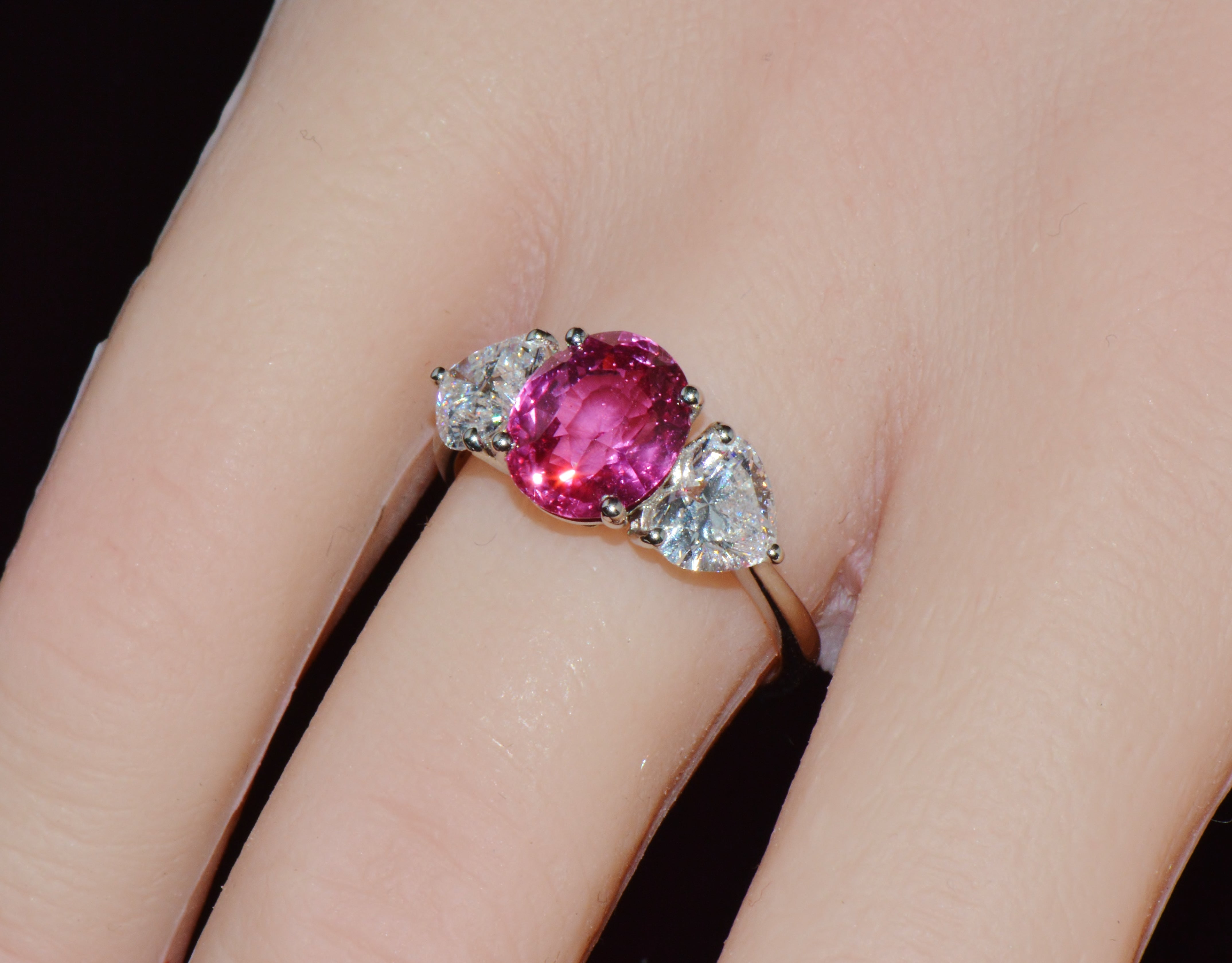 GIA 4.47Cts No-Heat Mozambique Ruby & D VVS2 Heart Diamond Platinum Three Stone Ring