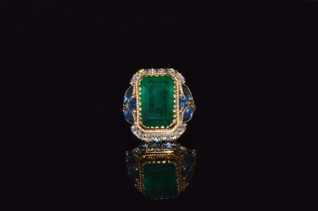 GIA Certified Natural 12.80CTS Emerald Sapphire Diamond 18K Solid Gold Cocktail Ring