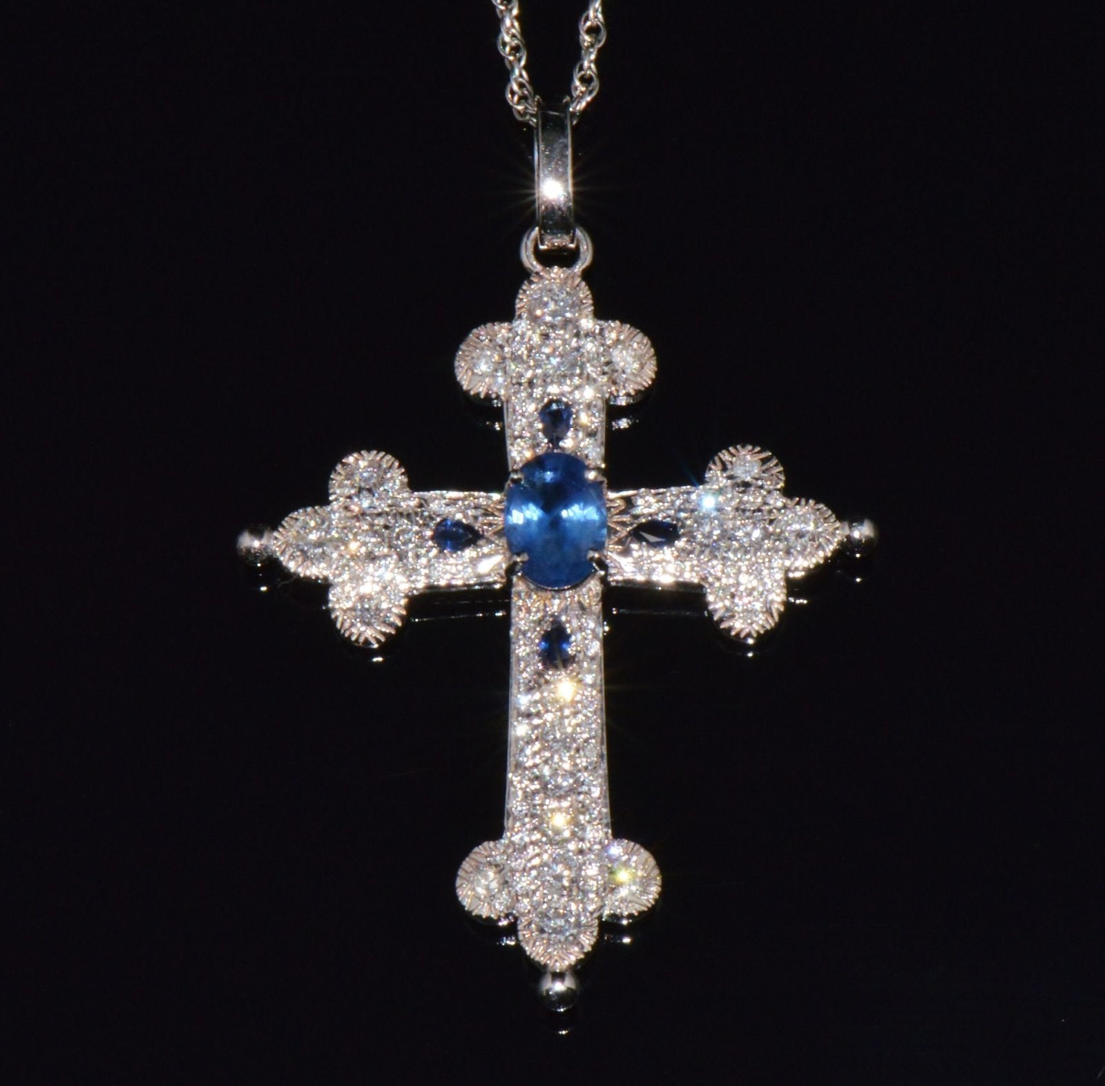 Certified Natural 2.15Cts VS F Diamond Sapphire 18K 750 Solid Gold Filigree Cross Pendant