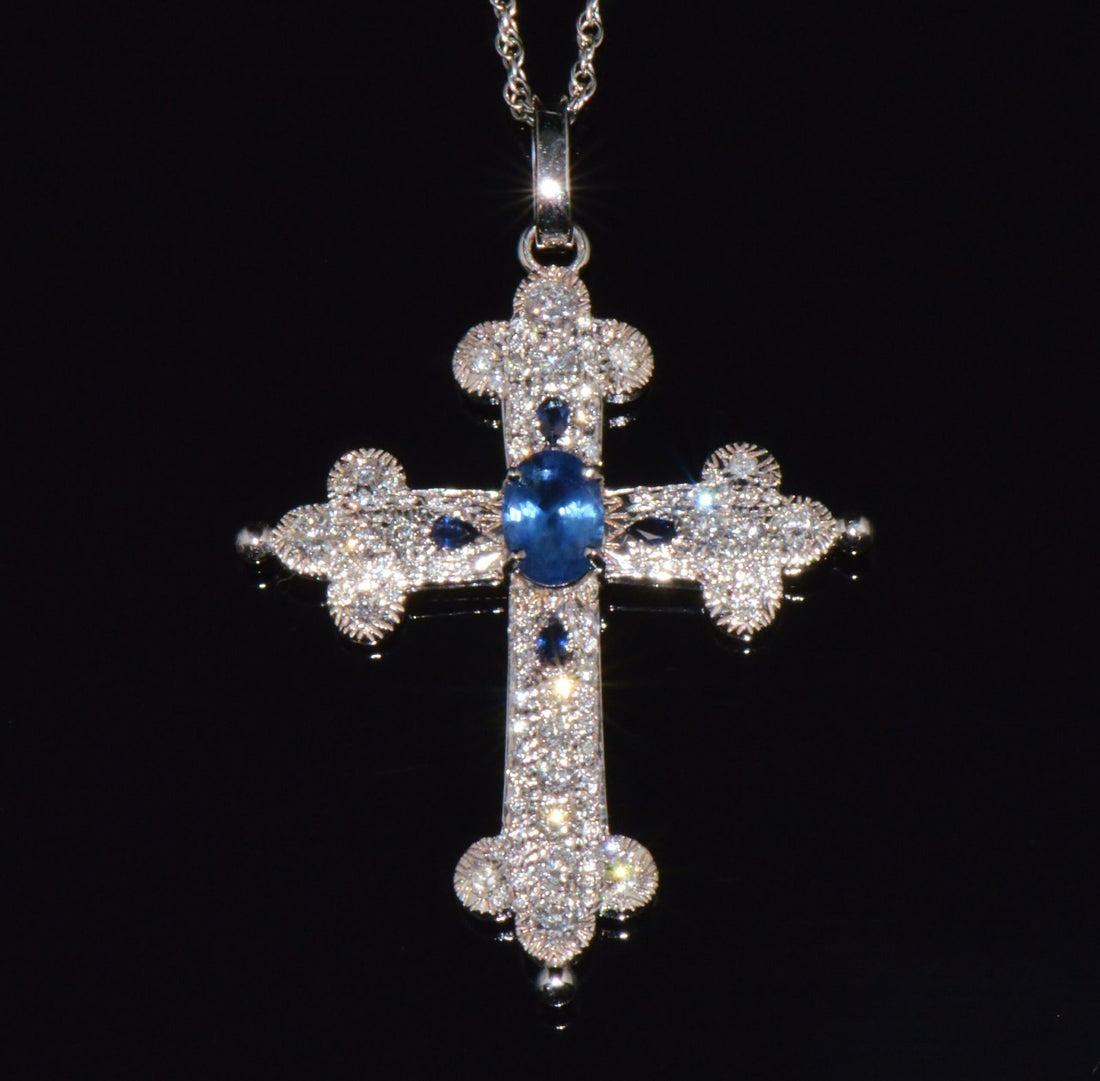 Certified Natural 2.15Cts VS F Diamond Sapphire 18K 750 Solid Gold Filigree Cross Pendant