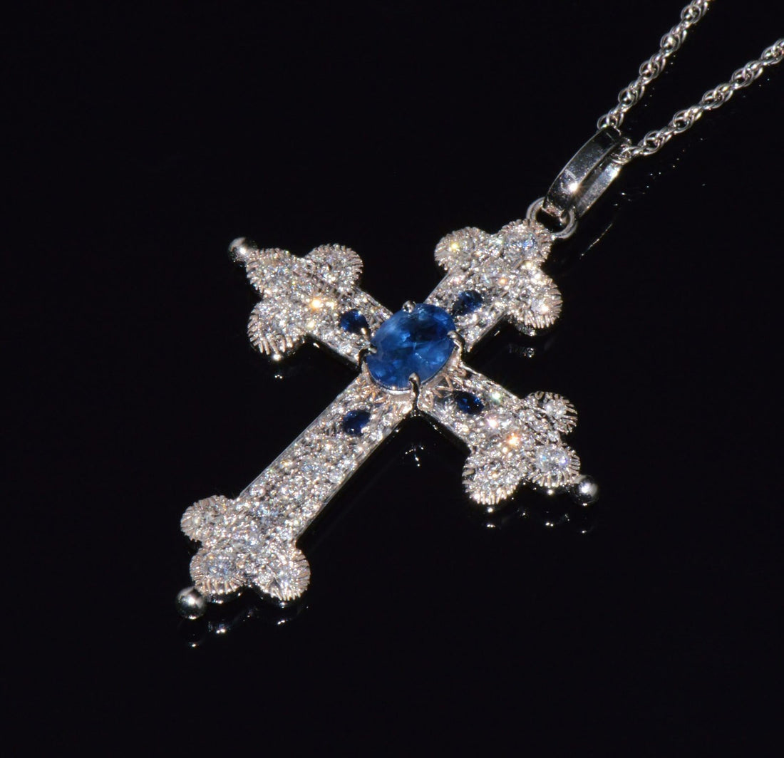 Certified Natural 2.15Cts VS F Diamond Sapphire 18K 750 Solid Gold Filigree Cross Pendant