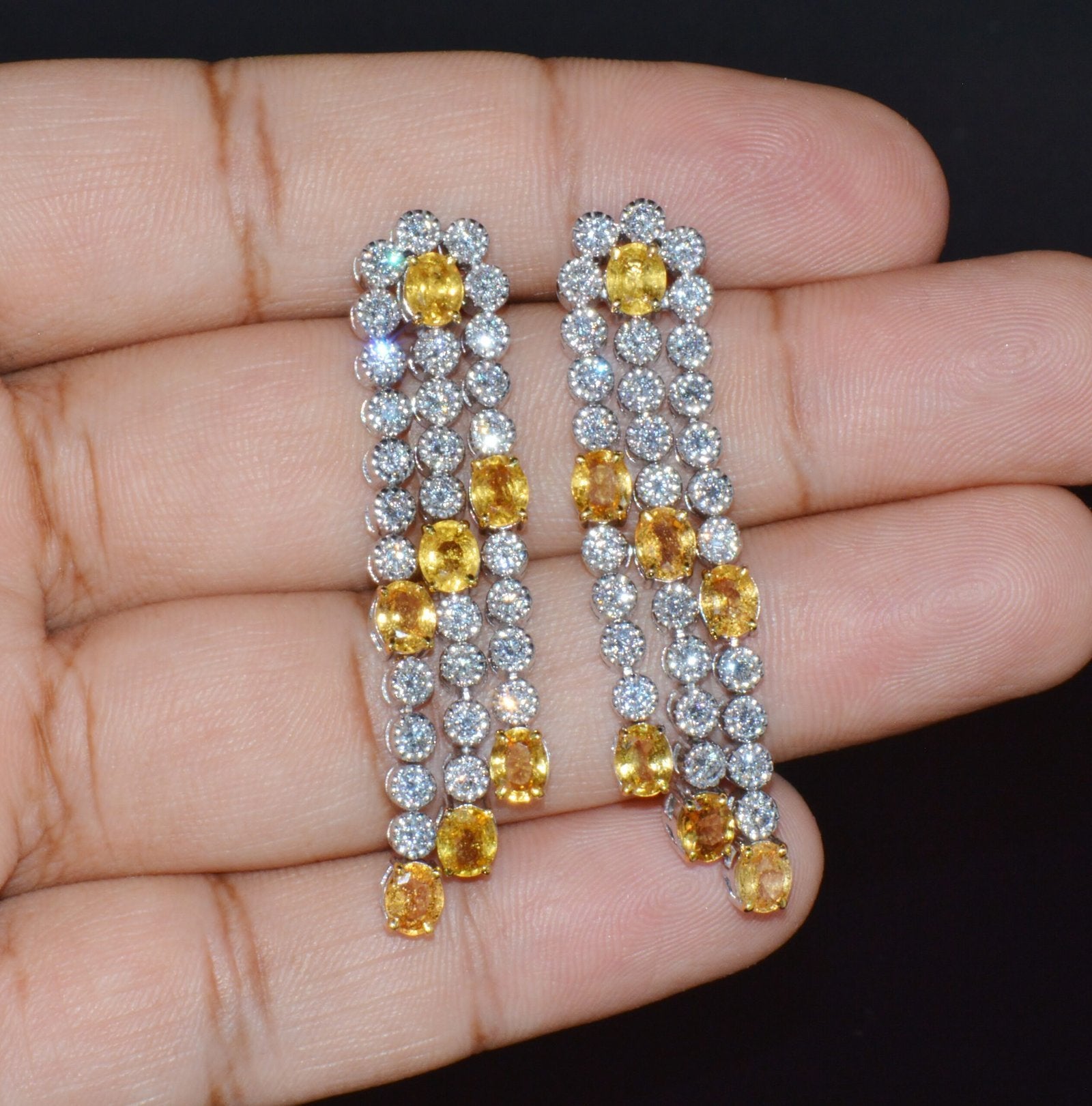 Certified Natural 8.96CTS VS F Diamond Yellow Sapphire 18K Solid Gold Dangle Earrings