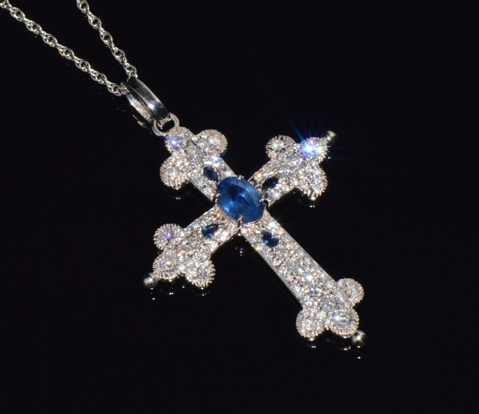 Certified Natural 2.15Cts VS F Diamond Sapphire 18K 750 Solid Gold Filigree Cross Pendant