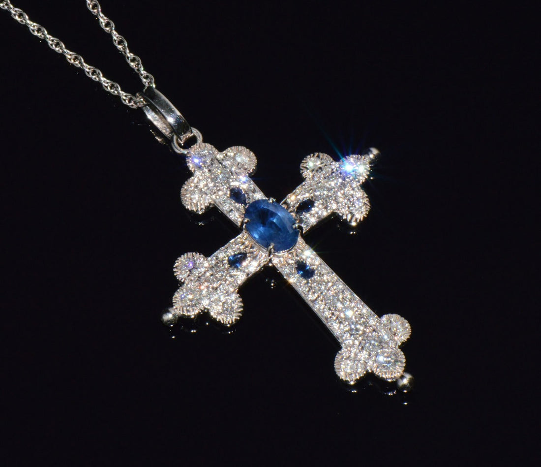 Certified Natural 2.15Cts VS F Diamond Sapphire 18K 750 Solid Gold Filigree Cross Pendant