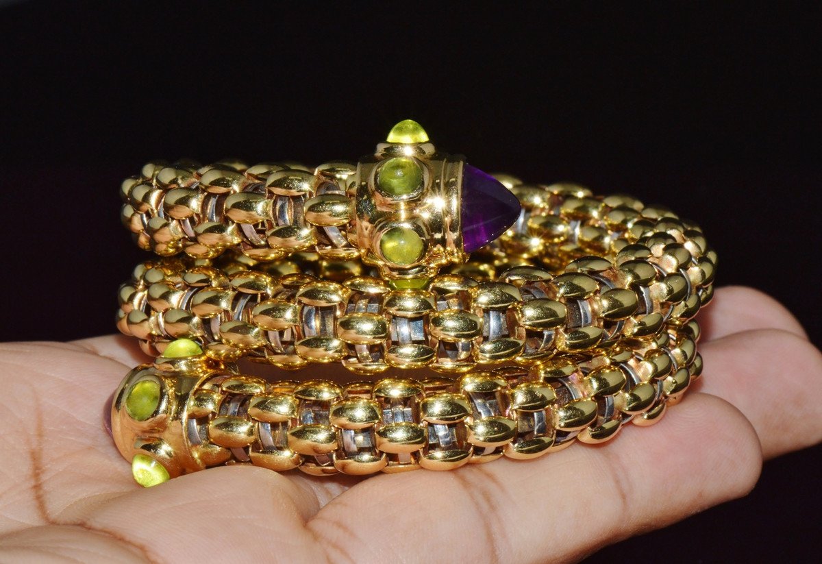 Rare Vintage FOPE 18K Gold Double Wrap Twist Snake Bracelet with Amethyst & Peridot