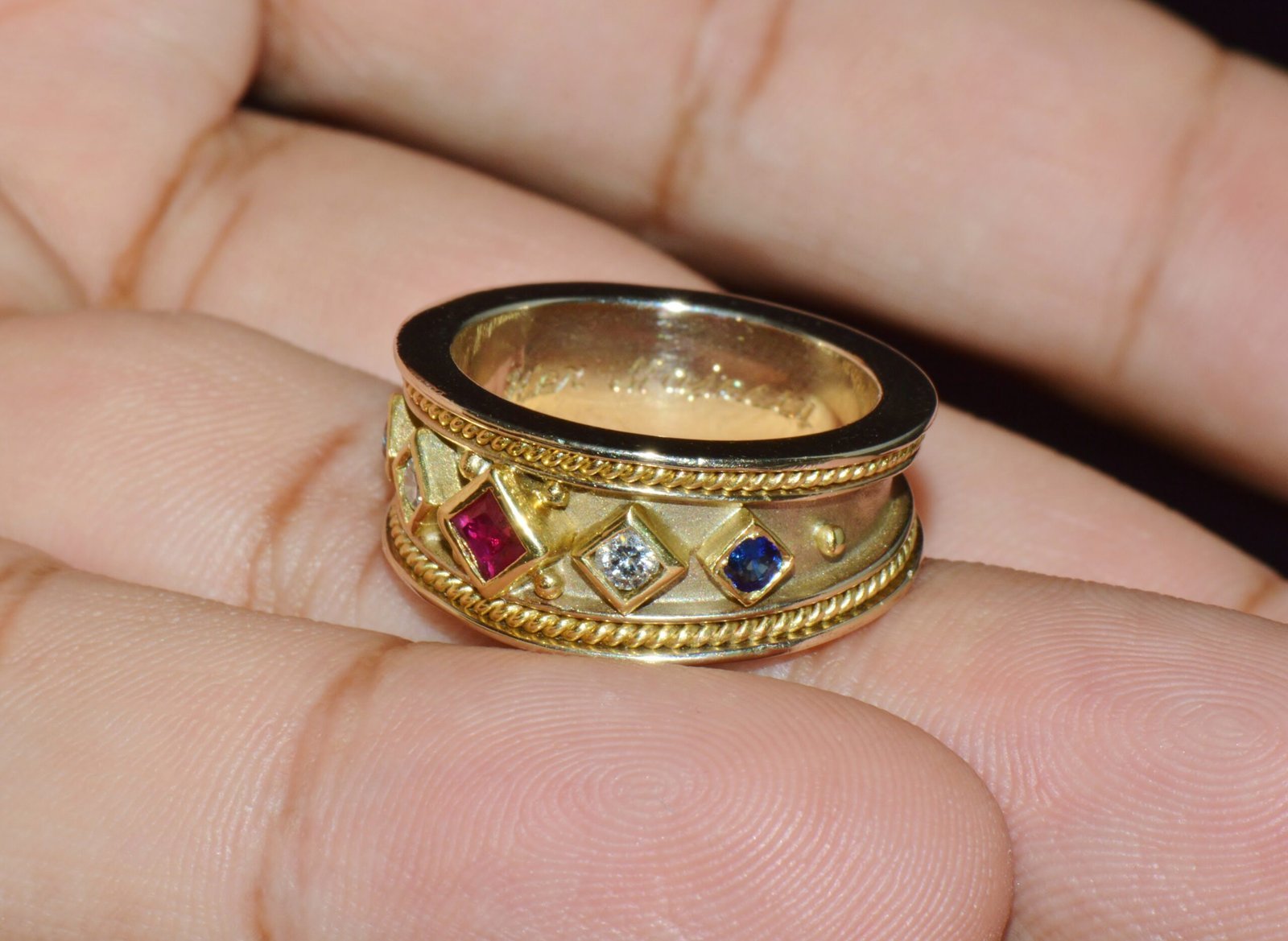 Gorgeous Natural Diamond Ruby Sapphire 18K 750 Solid Gold Byzantine Beaded Greek Ring Band