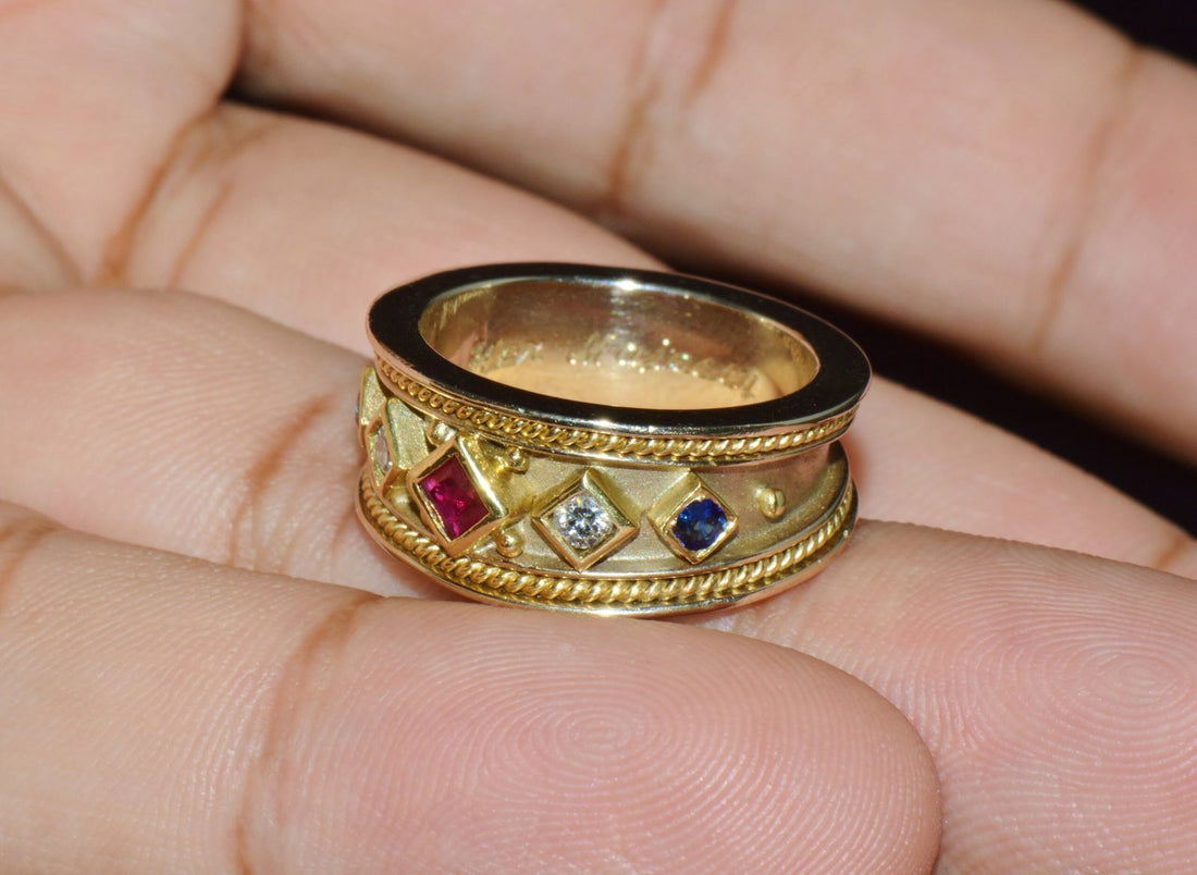 Gorgeous Natural Diamond Ruby Sapphire 18K 750 Solid Gold Byzantine Beaded Greek Ring Band