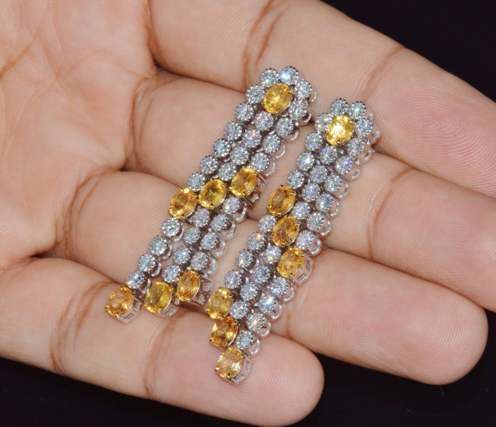 Certified Natural 8.96CTS VS F Diamond Yellow Sapphire 18K Solid Gold Dangle Earrings