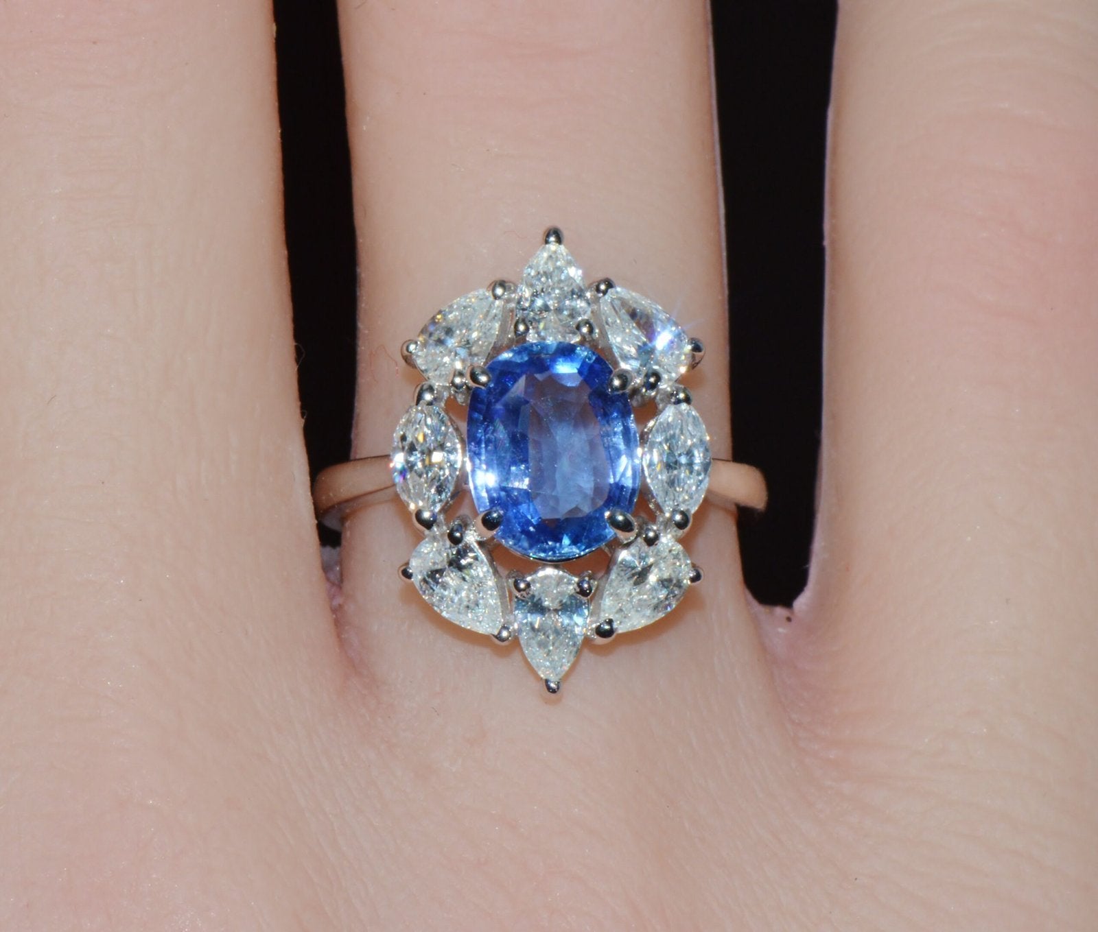 GIA Certified 3.29CT No-Heat Blue Sapphire & Diamond 18K Gold Halo Ring