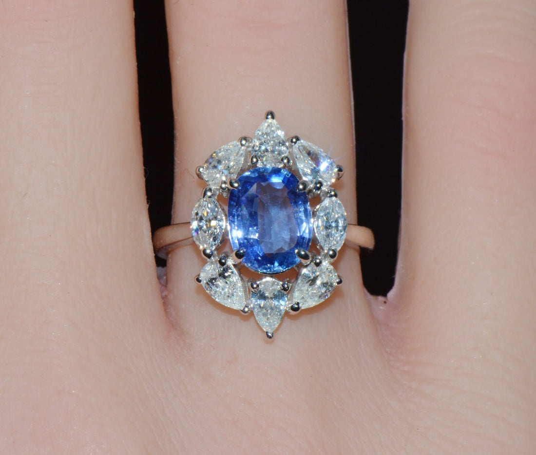 GIA Certified 3.29CT No-Heat Blue Sapphire & Diamond 18K Gold Halo Ring