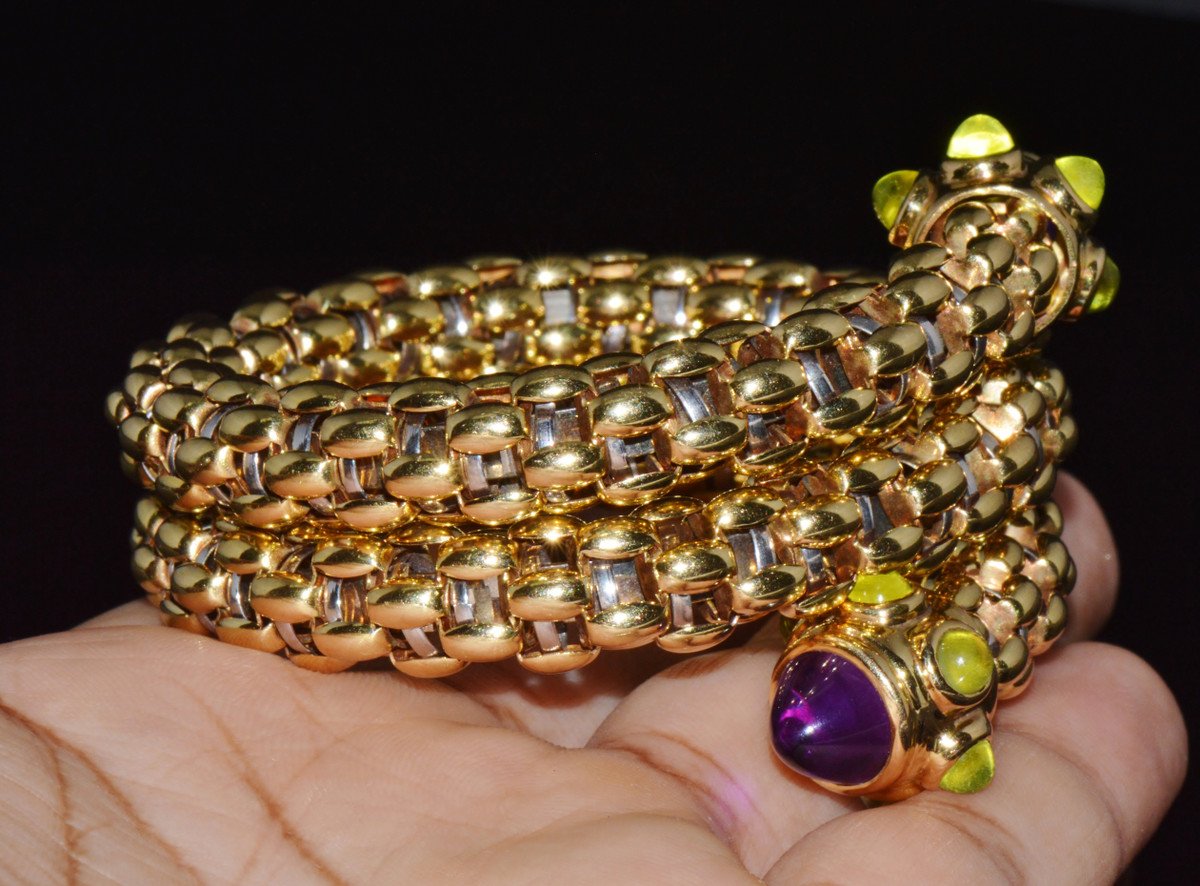 Rare Vintage FOPE 18K Gold Double Wrap Twist Snake Bracelet with Amethyst & Peridot