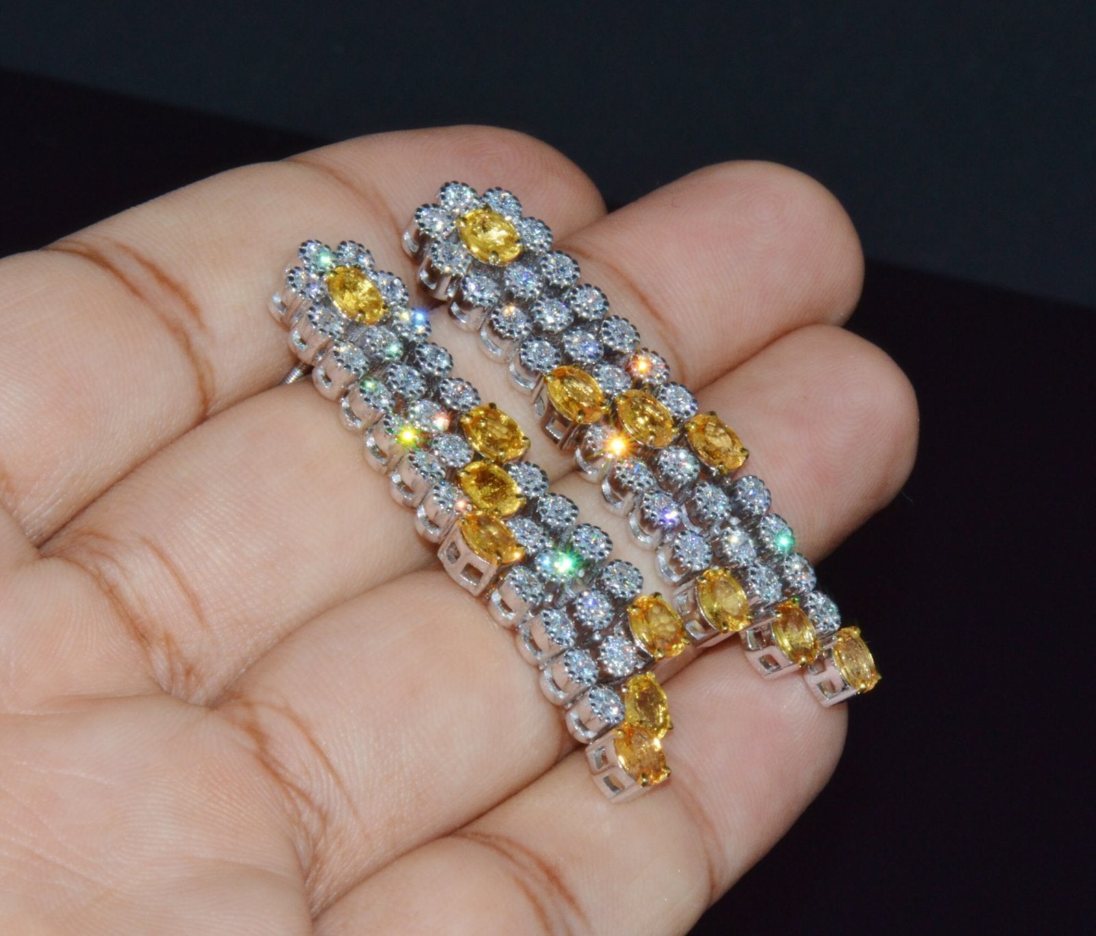Certified Natural 8.96CTS VS F Diamond Yellow Sapphire 18K Solid Gold Dangle Earrings