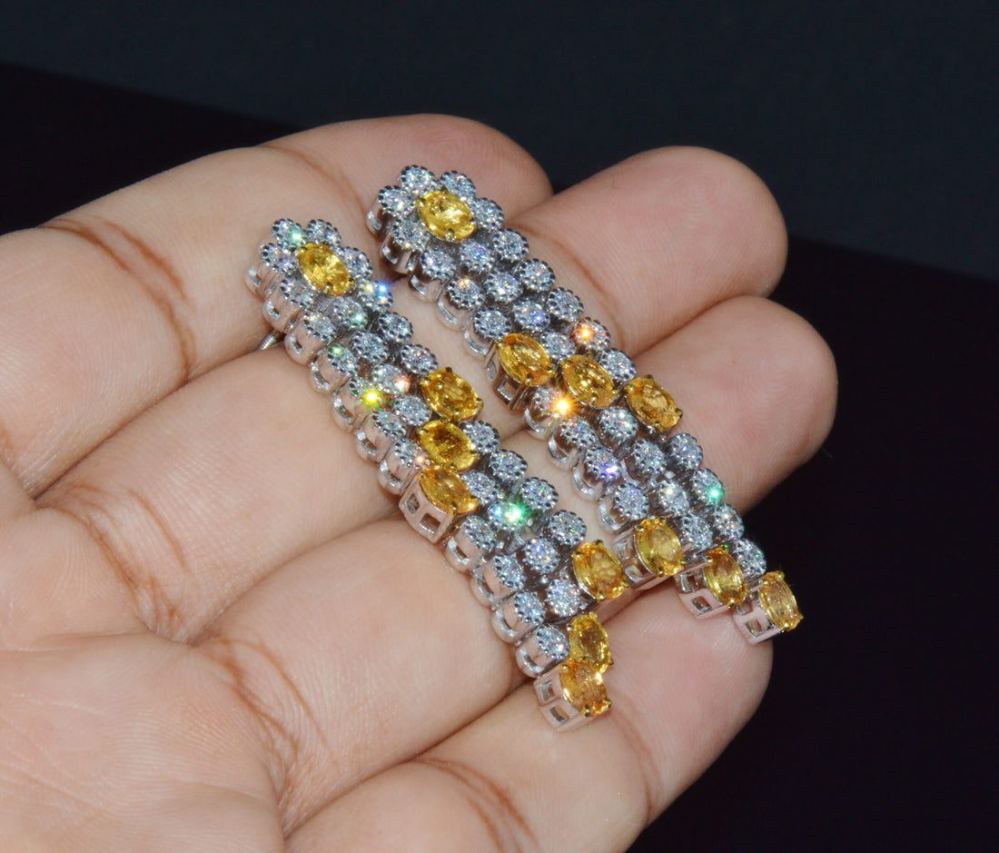 Certified Natural 8.96CTS VS F Diamond Yellow Sapphire 18K Solid Gold Dangle Earrings