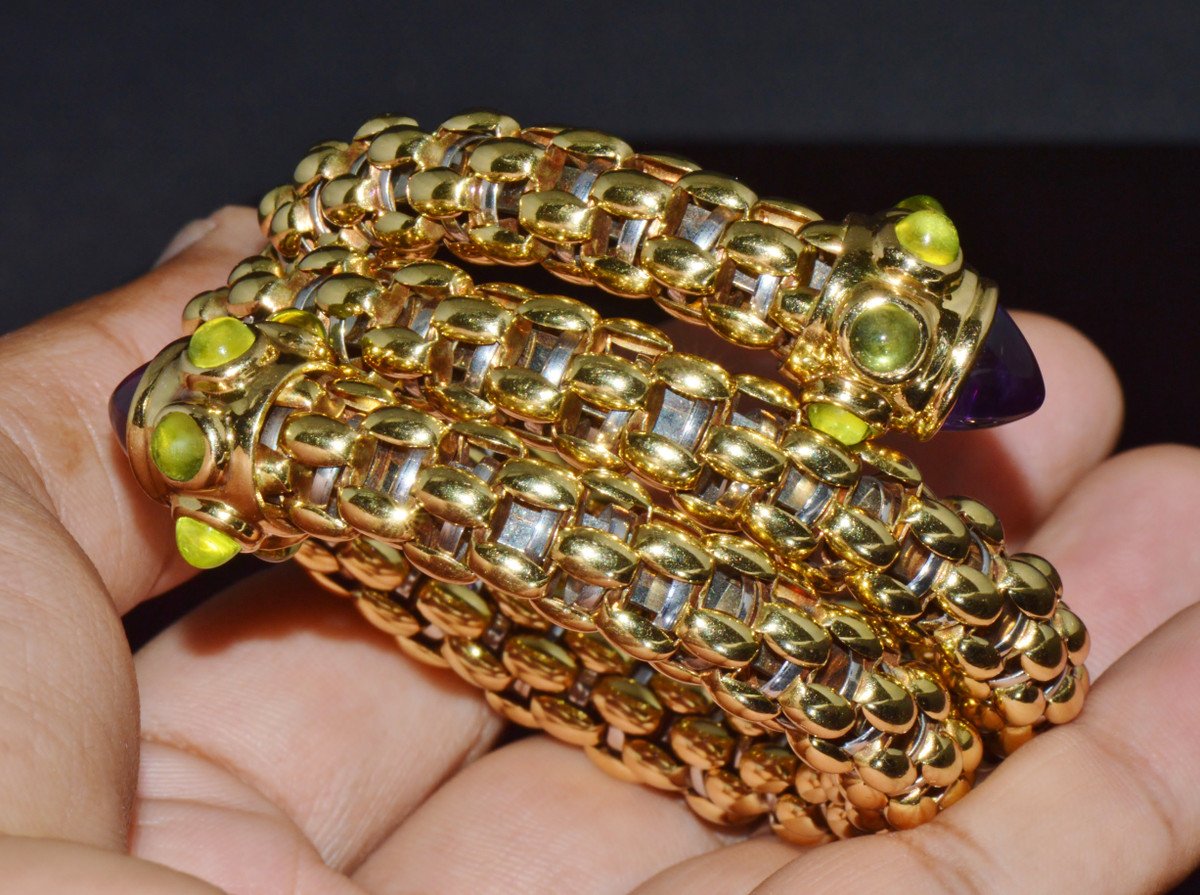 Rare Vintage FOPE 18K Gold Double Wrap Twist Snake Bracelet with Amethyst & Peridot