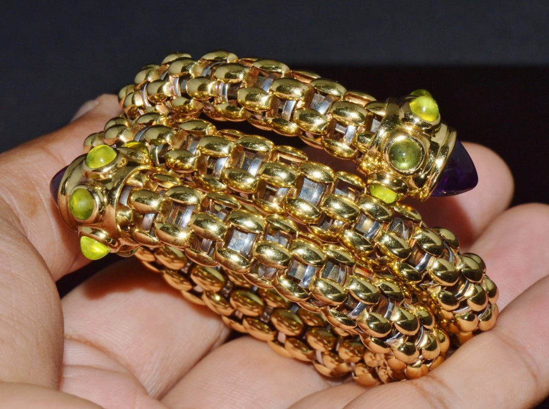 Rare Vintage FOPE 18K Gold Double Wrap Twist Snake Bracelet with Amethyst & Peridot