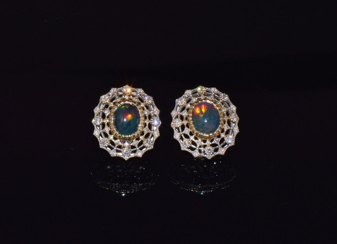 Certified Natural 4.41Cts VS F Diamond Black Opal 18K Solid Gold Cocktail Earrings