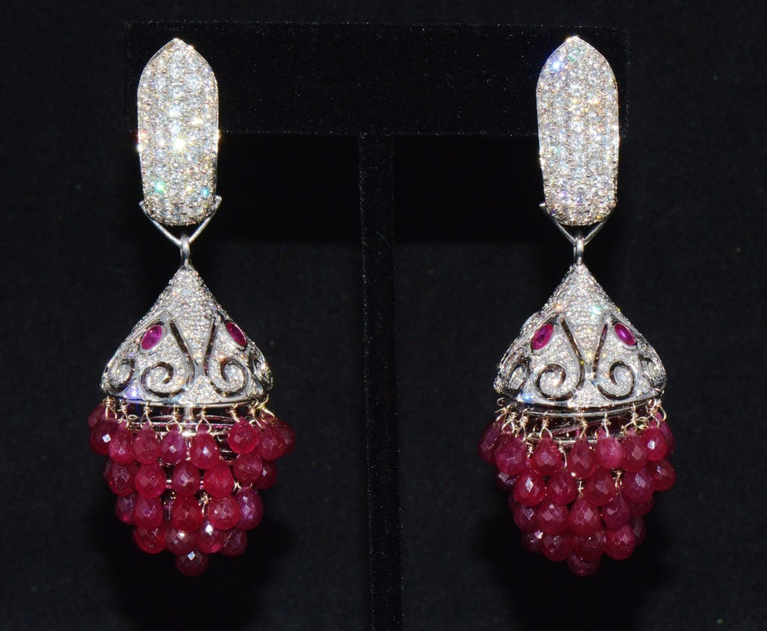 Certified Natural 117.6Cts VS F Diamond Ruby 18K Solid Gold 3-IN-1 Chandelier Dangle Cluster Earrings