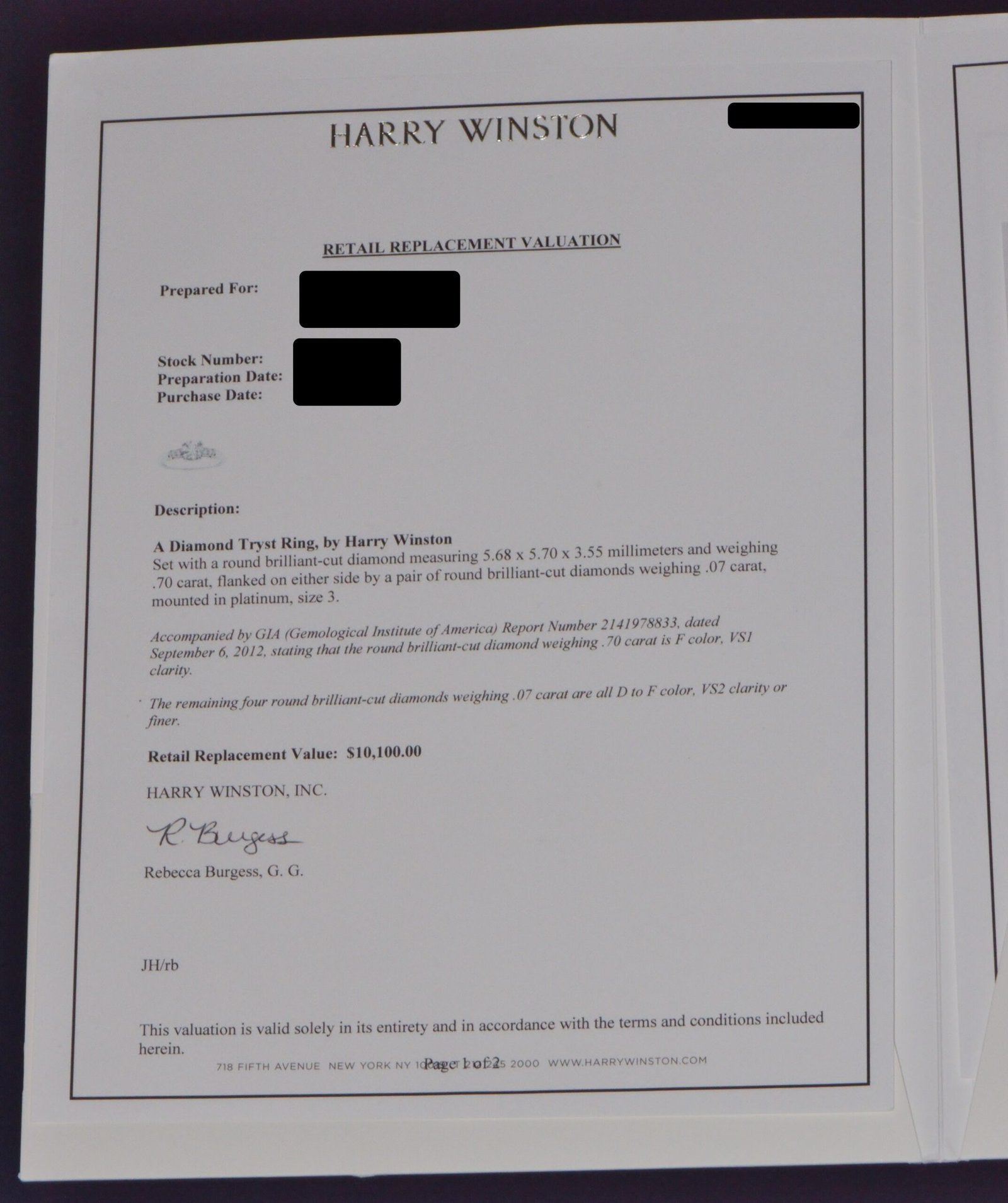 Genuine Harry Winston GIA Certified 0.77CTS F VS Diamond Tryst Platinum Engagement Ring