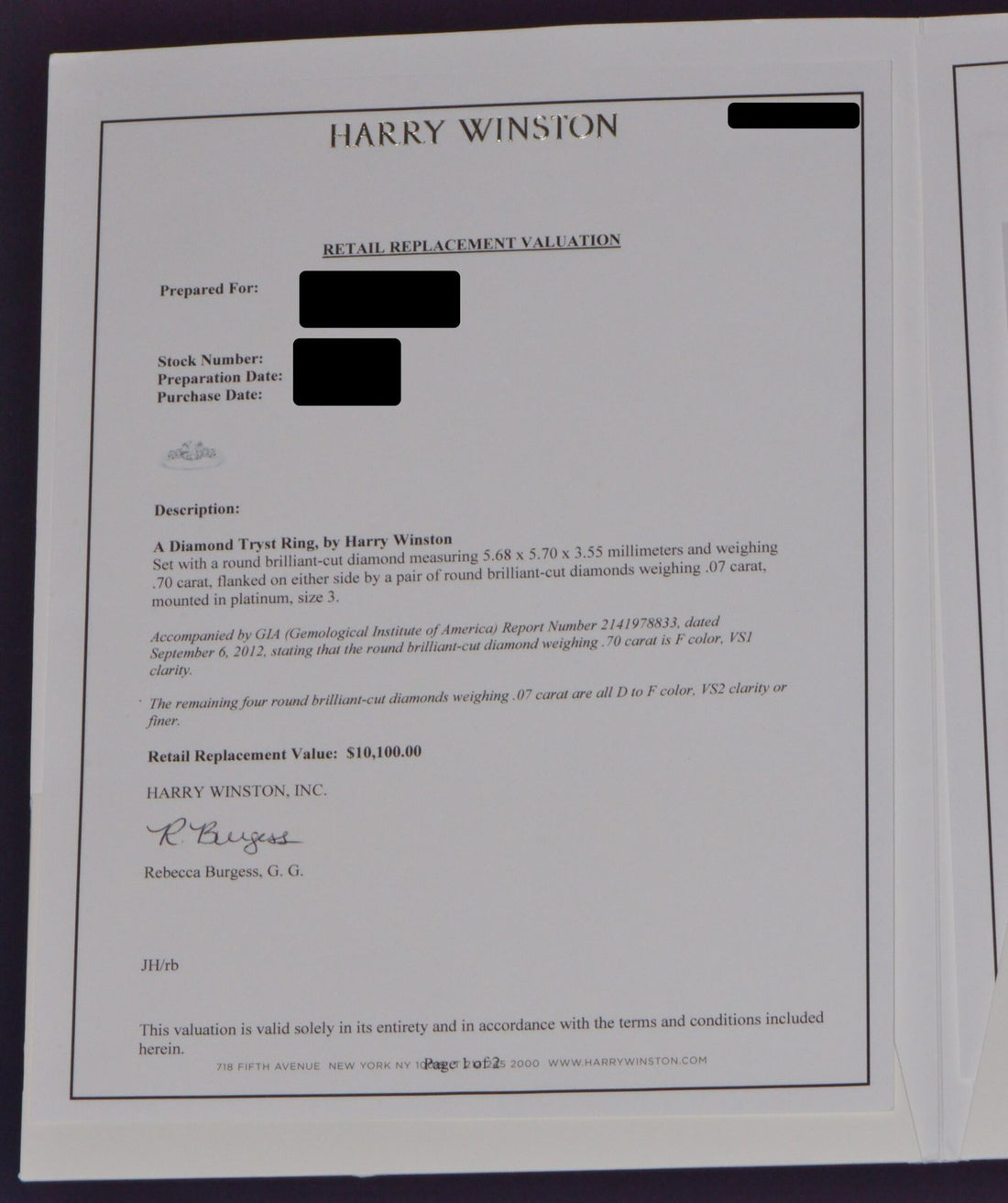Genuine Harry Winston GIA Certified 0.77CTS F VS Diamond Tryst Platinum Engagement Ring