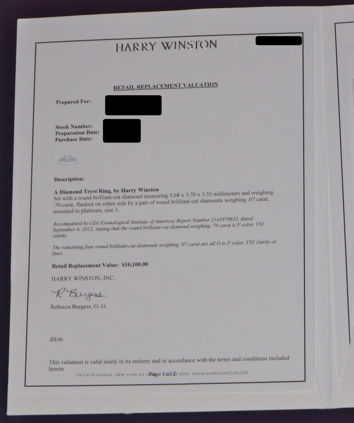 Genuine Harry Winston GIA Certified 0.77CTS F VS Diamond Tryst Platinum Engagement Ring