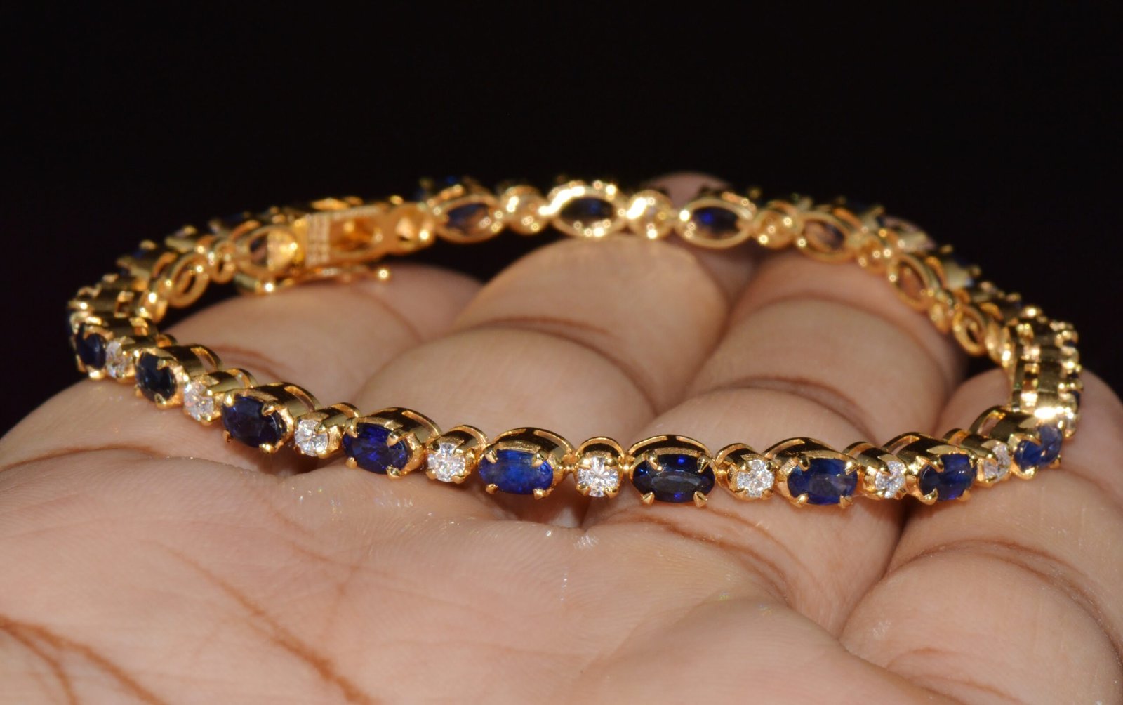 Certified Natural 7.09CT Blue Sapphire & Diamond Solid 18K Yellow Gold Tennis Stacking Bracelet