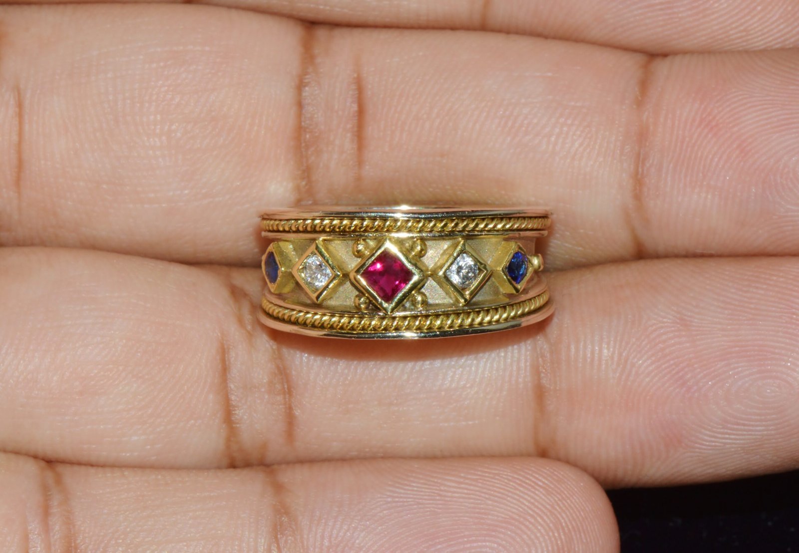 Gorgeous Natural Diamond Ruby Sapphire 18K 750 Solid Gold Byzantine Beaded Greek Ring Band