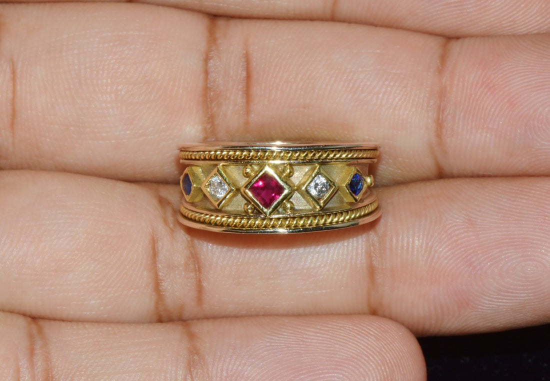 Gorgeous Natural Diamond Ruby Sapphire 18K 750 Solid Gold Byzantine Beaded Greek Ring Band
