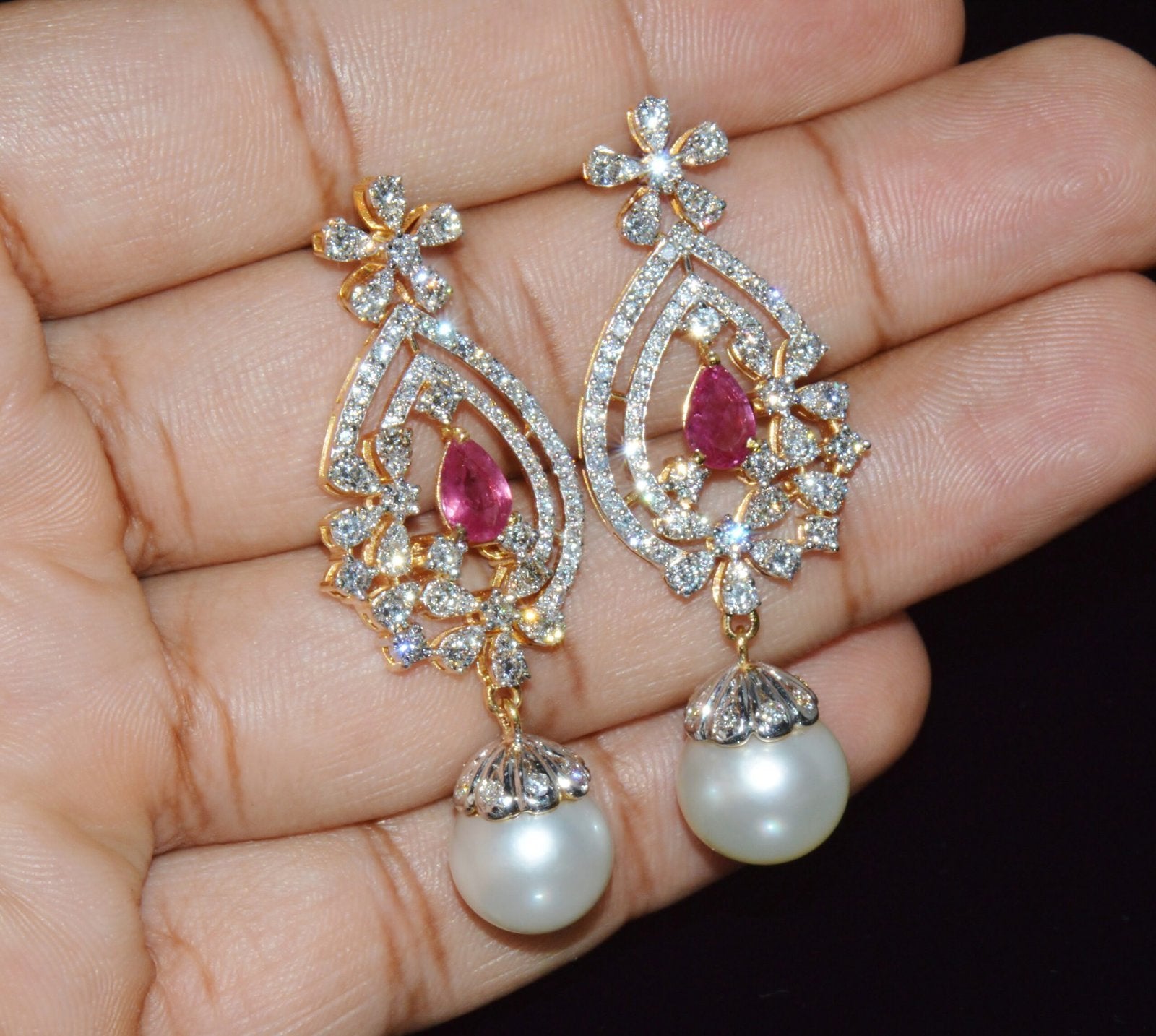 Certified Natural 24.16CTS VS F Diamond Ruby South Sea Pearl 18K Solid Gold Dangle Earrings