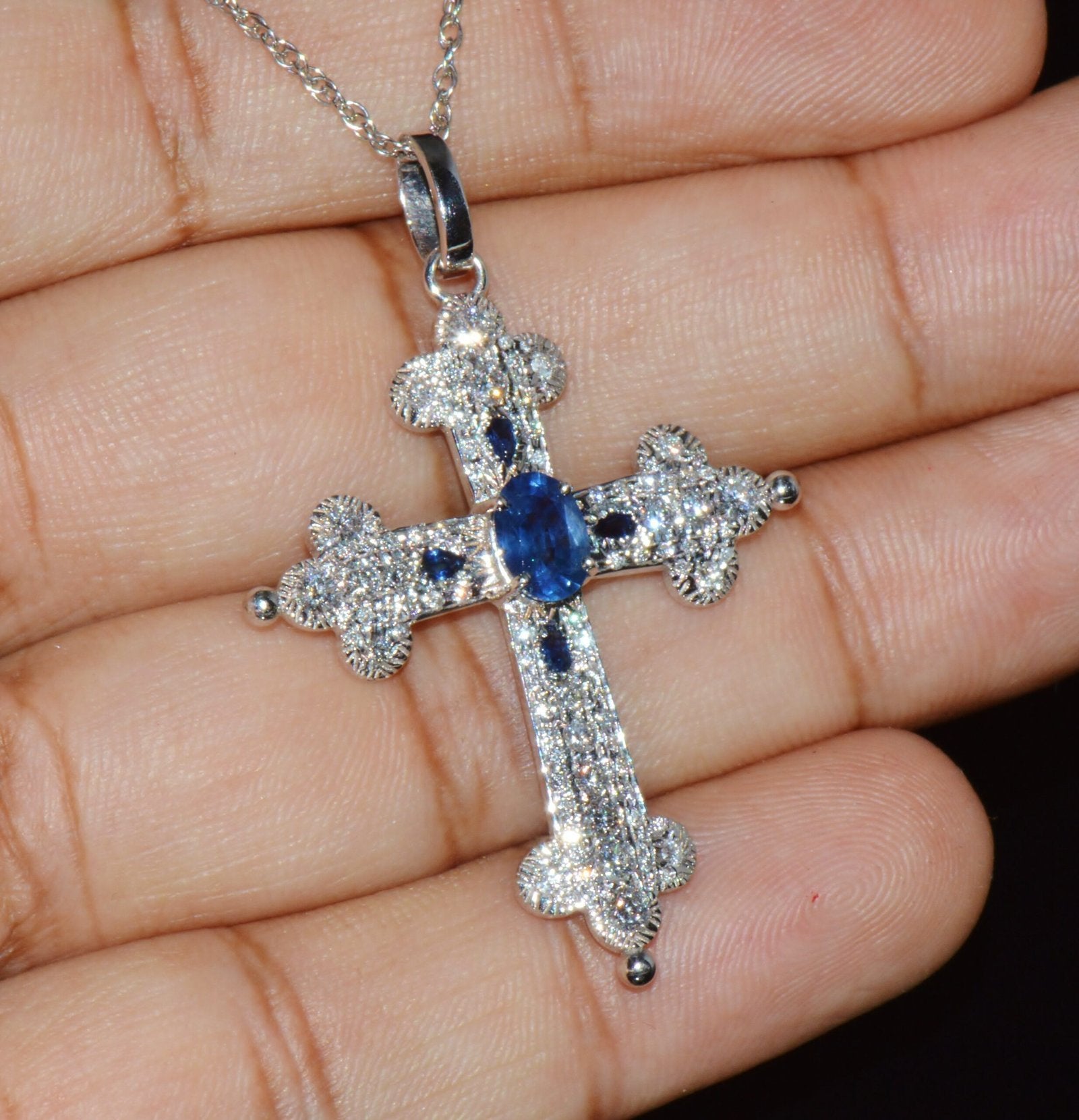 Certified Natural 2.15Cts VS F Diamond Sapphire 18K 750 Solid Gold Filigree Cross Pendant