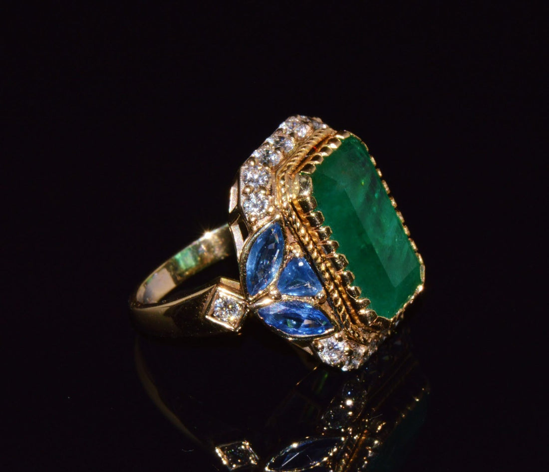 GIA Certified Natural 12.80CTS Emerald Sapphire Diamond 18K Solid Gold Cocktail Ring