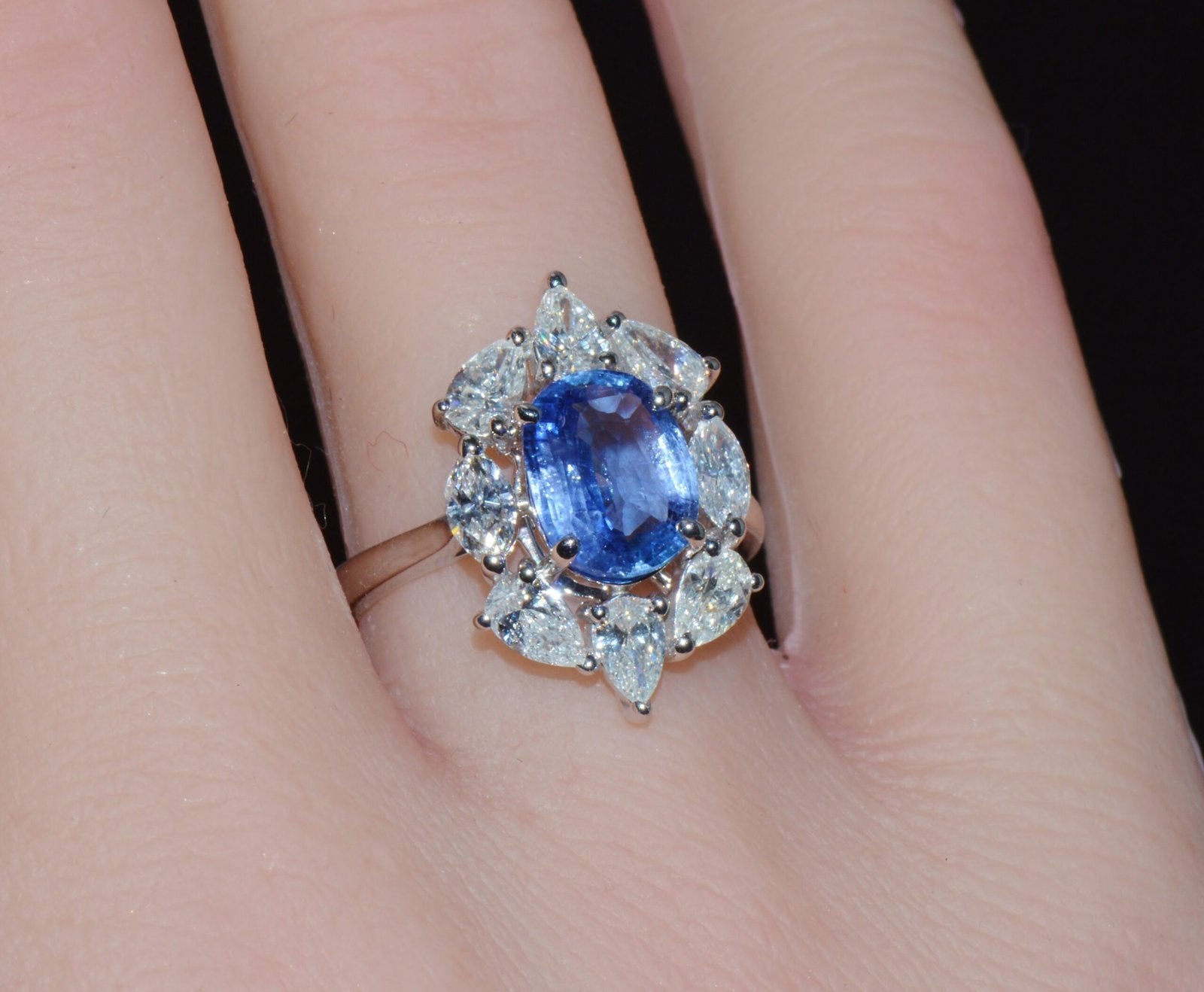 GIA Certified 3.29CT No-Heat Blue Sapphire & Diamond 18K Gold Halo Ring