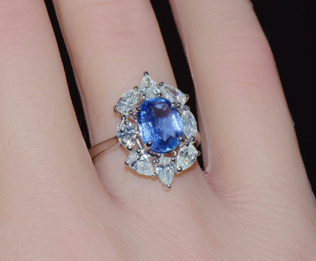GIA Certified 3.29CT No-Heat Blue Sapphire & Diamond 18K Gold Halo Ring