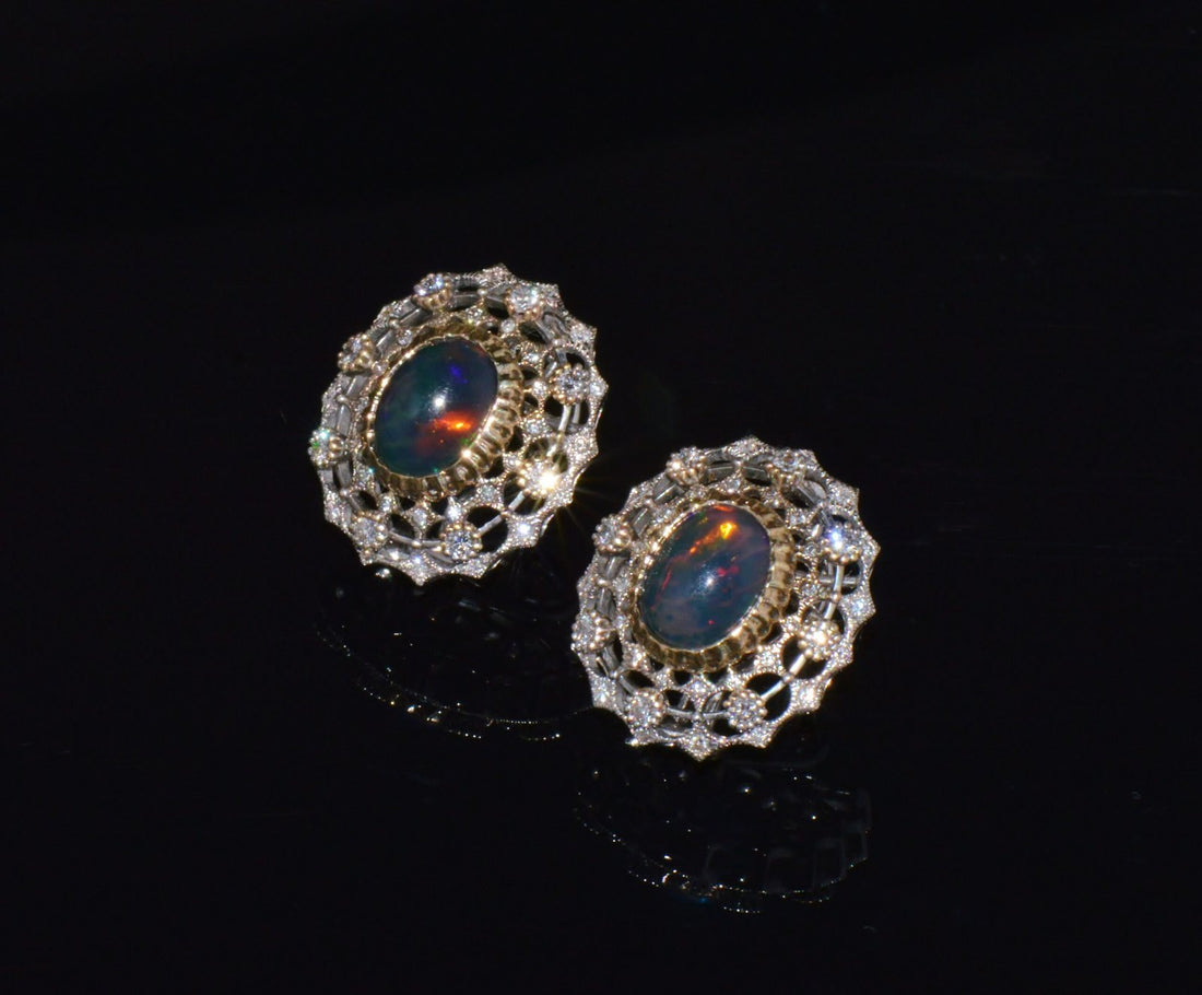 Certified Natural 4.41Cts VS F Diamond Black Opal 18K Solid Gold Cocktail Earrings