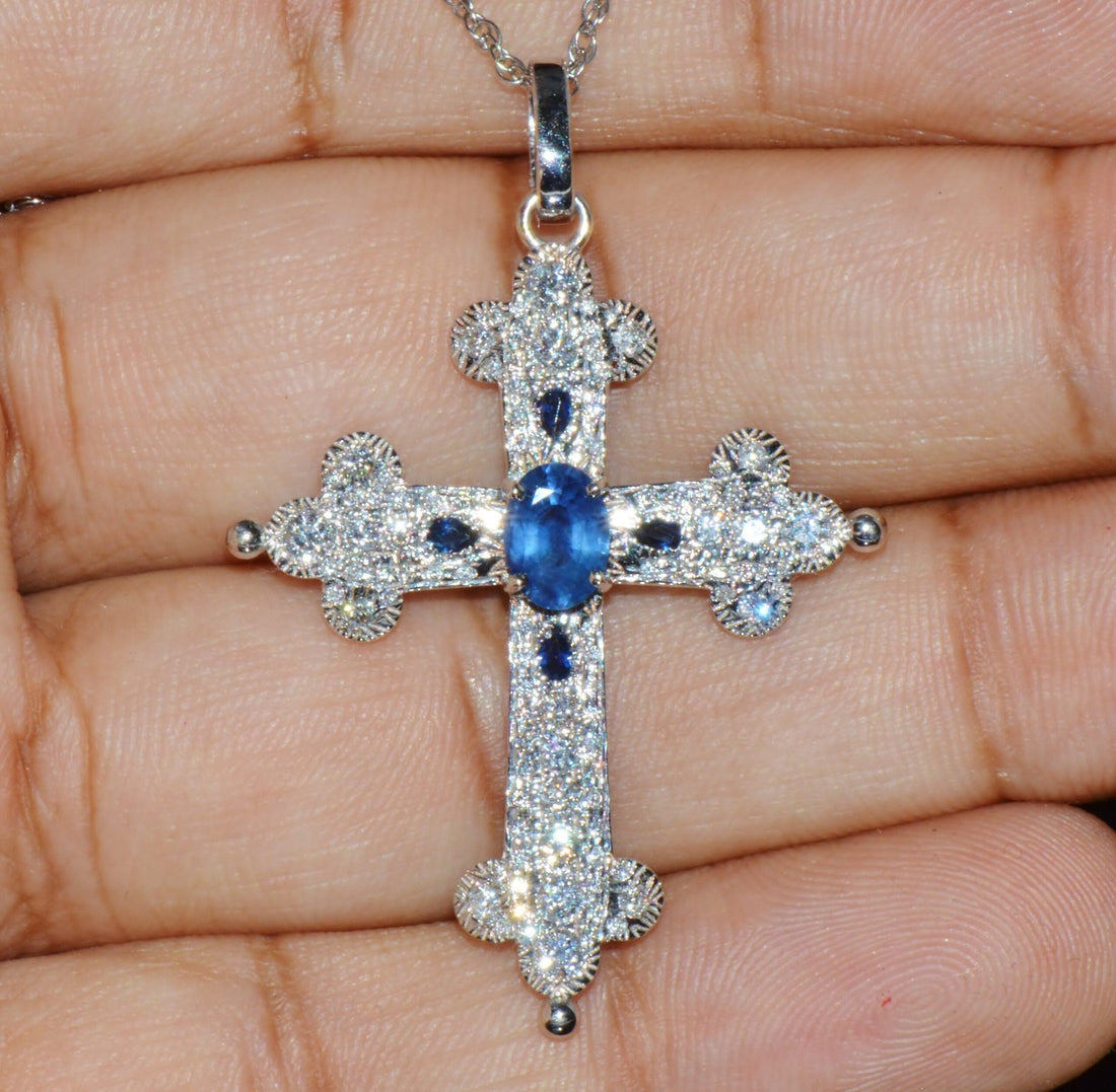 Certified Natural 2.15Cts VS F Diamond Sapphire 18K 750 Solid Gold Filigree Cross Pendant