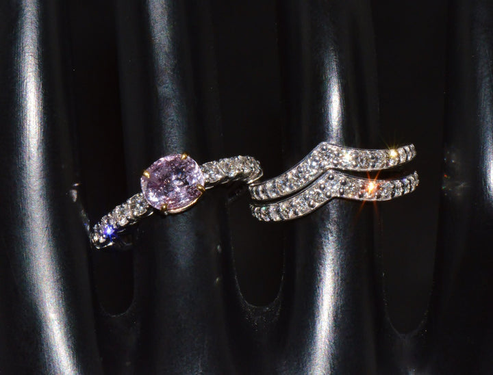 Set of Three GIA Natural 2.94CTS VS F Diamond Pink Purple Sapphire 18K Gold Stacking Rings