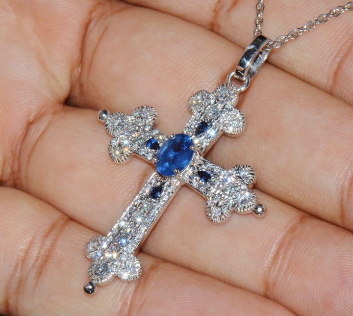Certified Natural 2.15Cts VS F Diamond Sapphire 18K 750 Solid Gold Filigree Cross Pendant