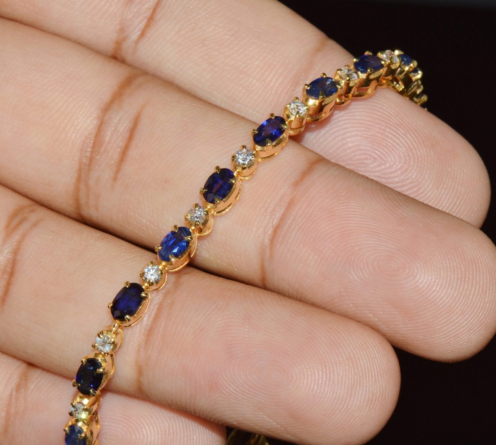 Certified Natural 7.09CT Blue Sapphire & Diamond Solid 18K Yellow Gold Tennis Stacking Bracelet