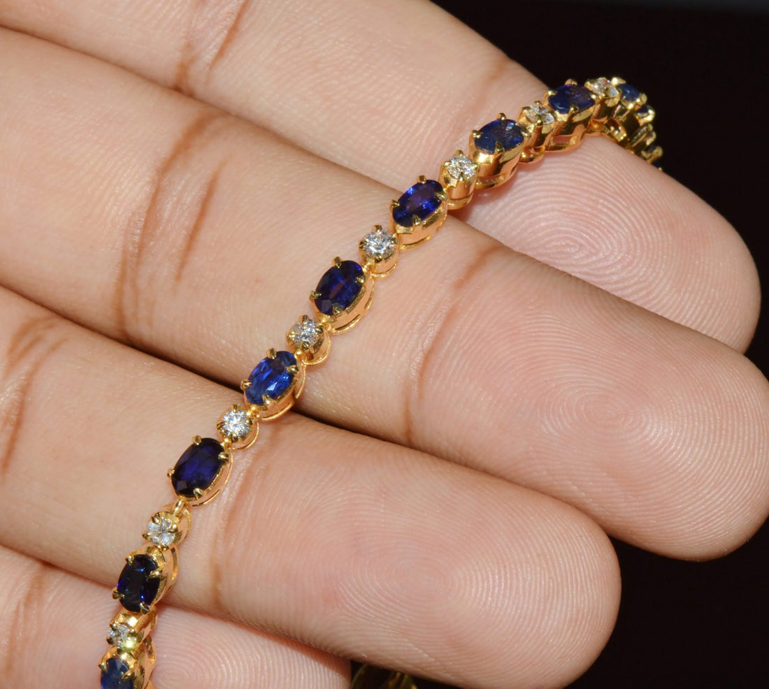 Certified Natural 7.09CT Blue Sapphire & Diamond Solid 18K Yellow Gold Tennis Stacking Bracelet