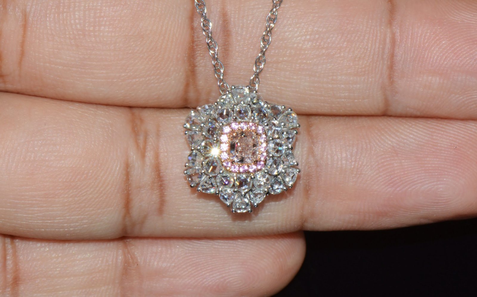 GIA Natural 1.55CTS VS Pink Diamond Sapphire 18K Gold Floral Halo 2-IN-1 Pendant Ring