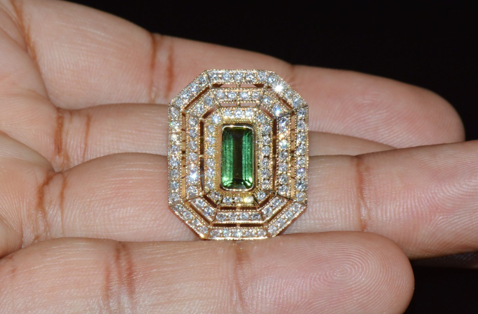 Certified Natural 2.82CTS VS F Diamond Green Tourmaline 750 18K Solid Gold Milgrain Cocktail Ring