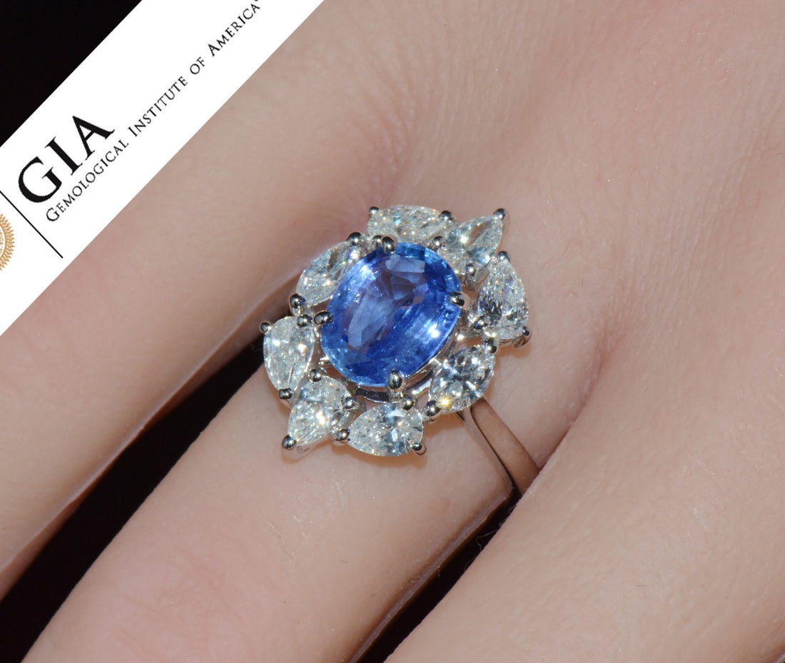 GIA Certified 3.29CT No-Heat Blue Sapphire & Diamond 18K Gold Halo Ring