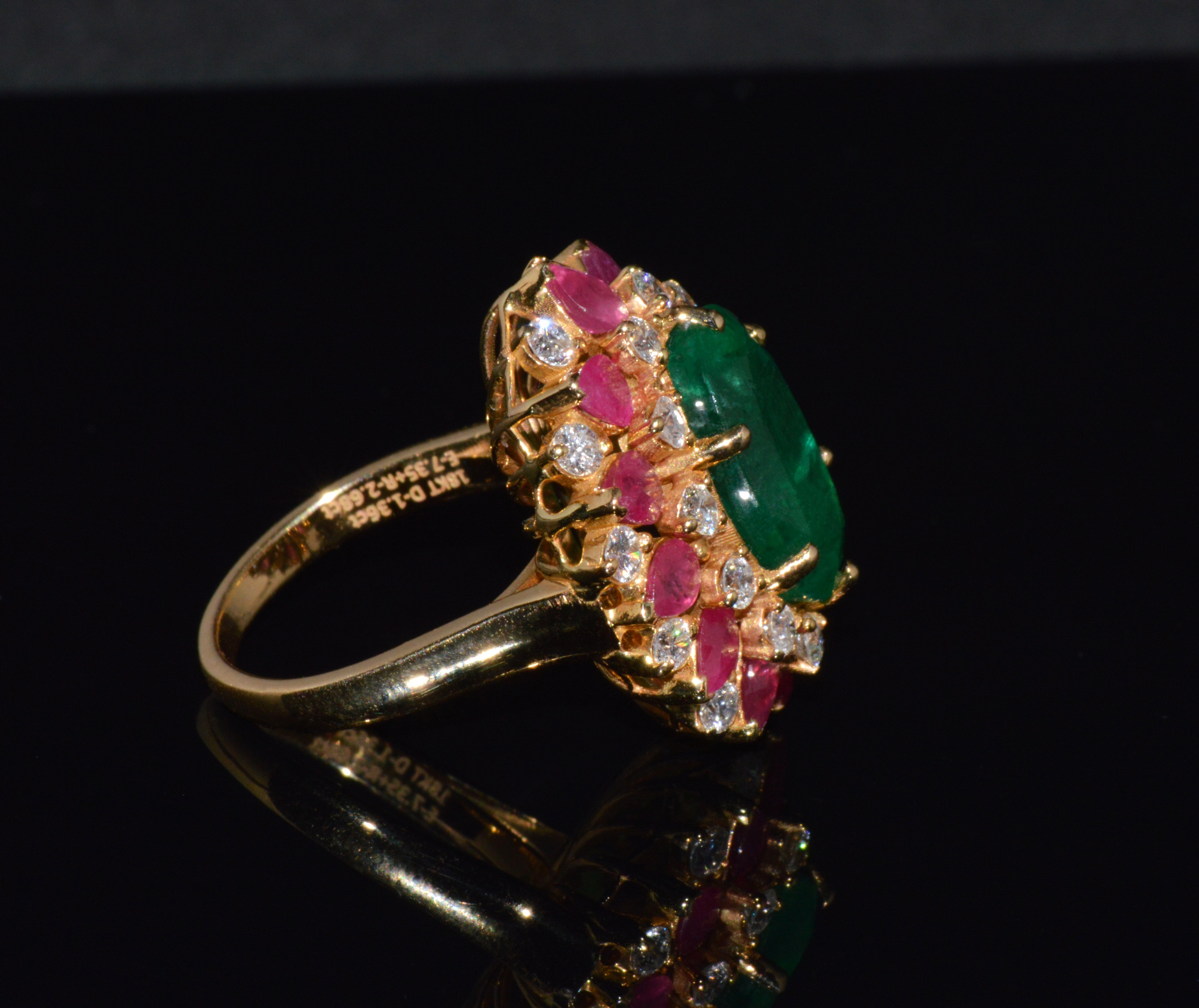 GIA Certified 11.39Ct Zambian Emerald, Ruby & Diamond 18K Gold Cocktail Ring