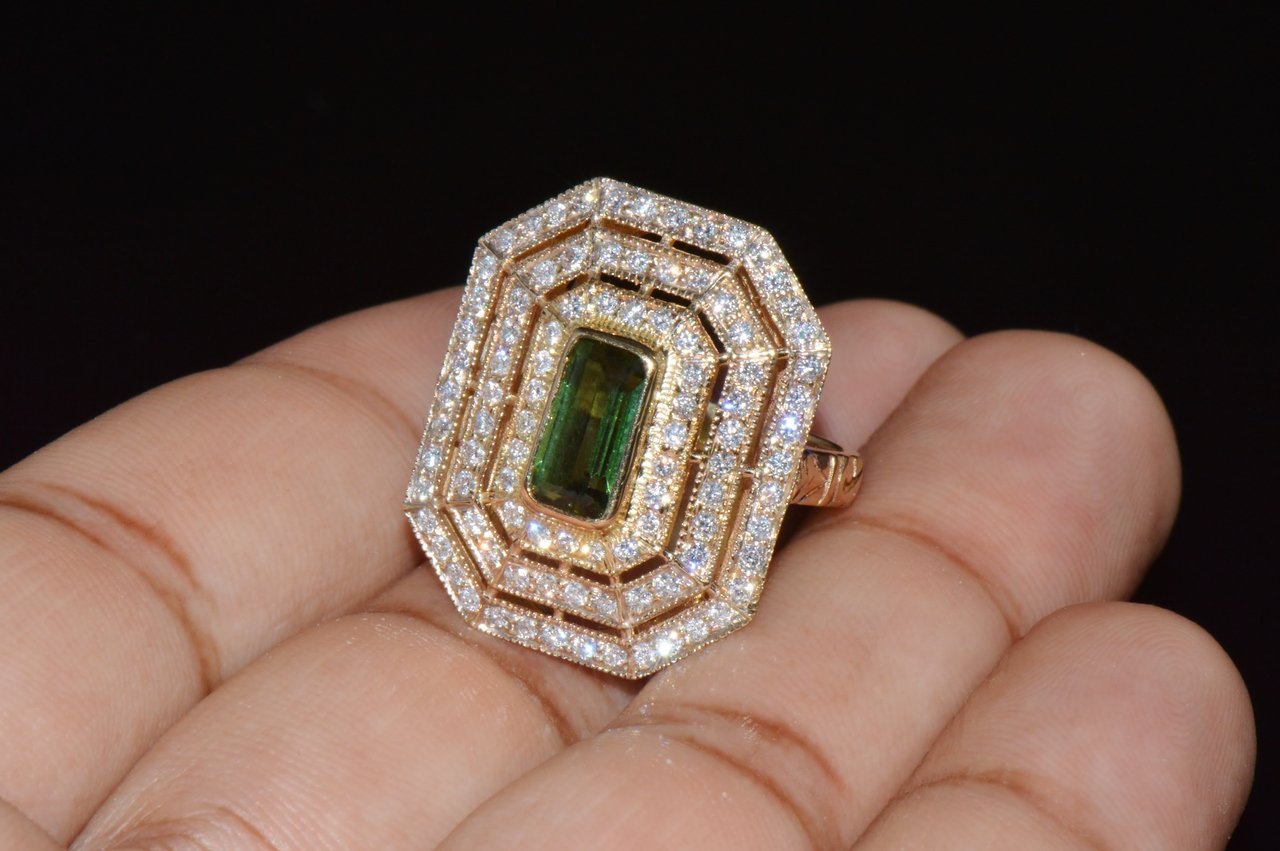 Certified Natural 2.82CTS VS F Diamond Green Tourmaline 750 18K Solid Gold Milgrain Cocktail Ring