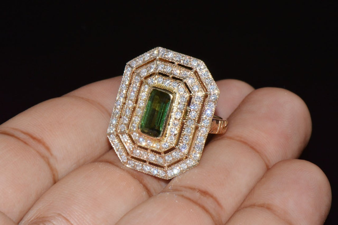 Certified Natural 2.82CTS VS F Diamond Green Tourmaline 750 18K Solid Gold Milgrain Cocktail Ring