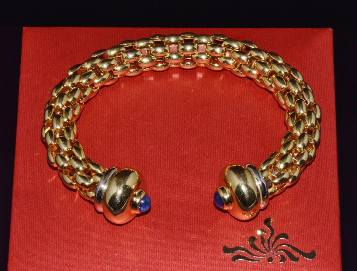Vintage FOPE Flex'it 18K Gold Natural Blue Sapphire Open Cuff Bangle Bracelet