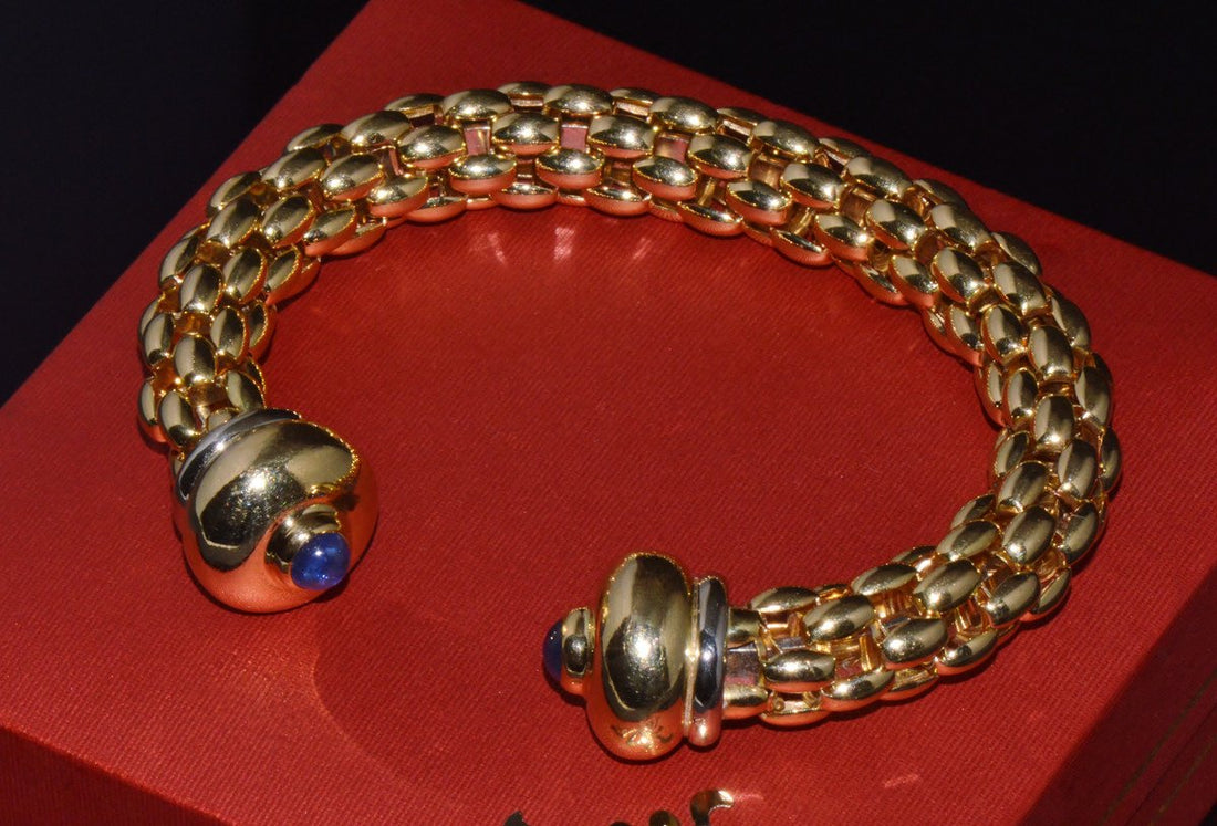 Vintage FOPE Flex'it 18K Gold Natural Blue Sapphire Open Cuff Bangle Bracelet