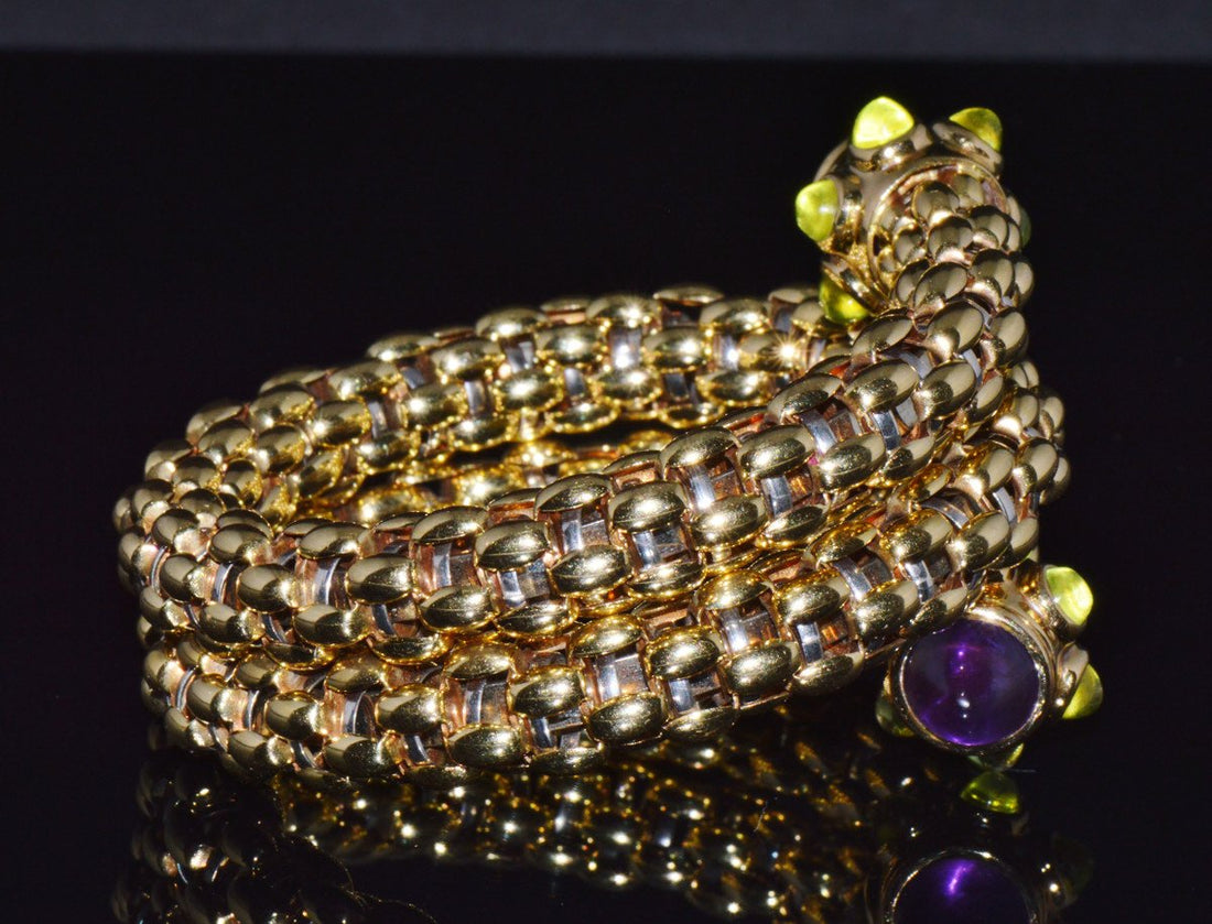 Rare Vintage FOPE 18K Gold Double Wrap Twist Snake Bracelet with Amethyst & Peridot