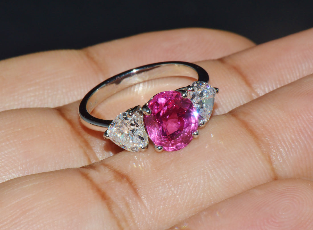 GIA 4.47Cts No-Heat Mozambique Ruby & D VVS2 Heart Diamond Platinum Three Stone Ring